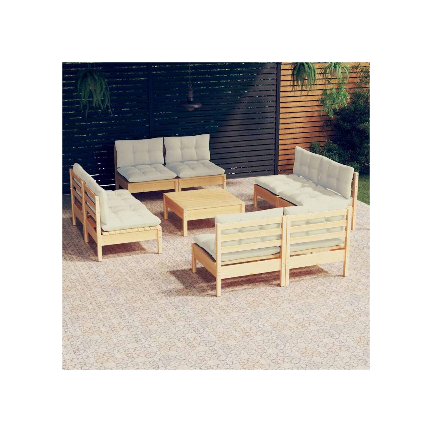 Salon de jardin 9 pcs avec coussins crème bois de pin
