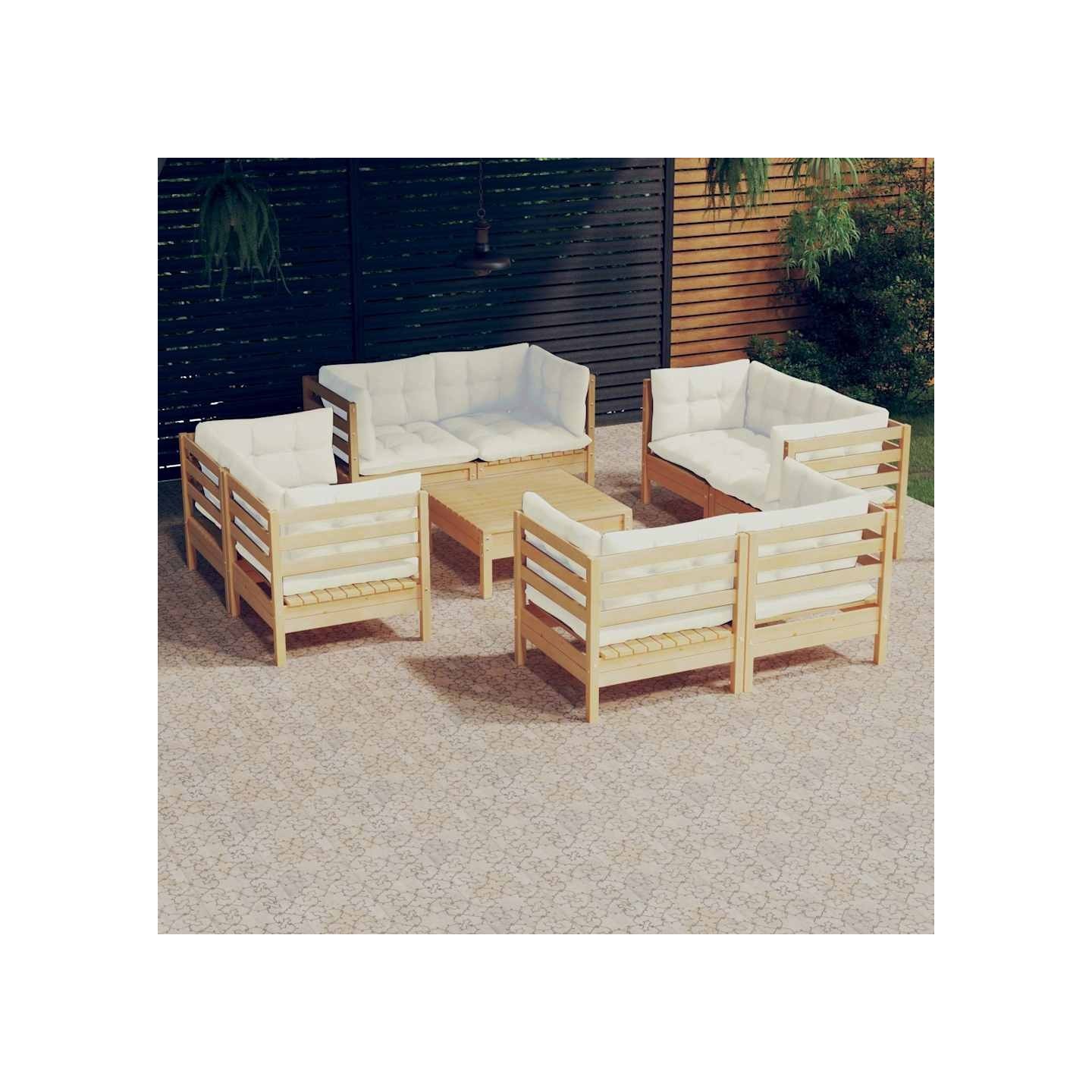 Salon de jardin 9 pcs avec coussins crème bois de pin