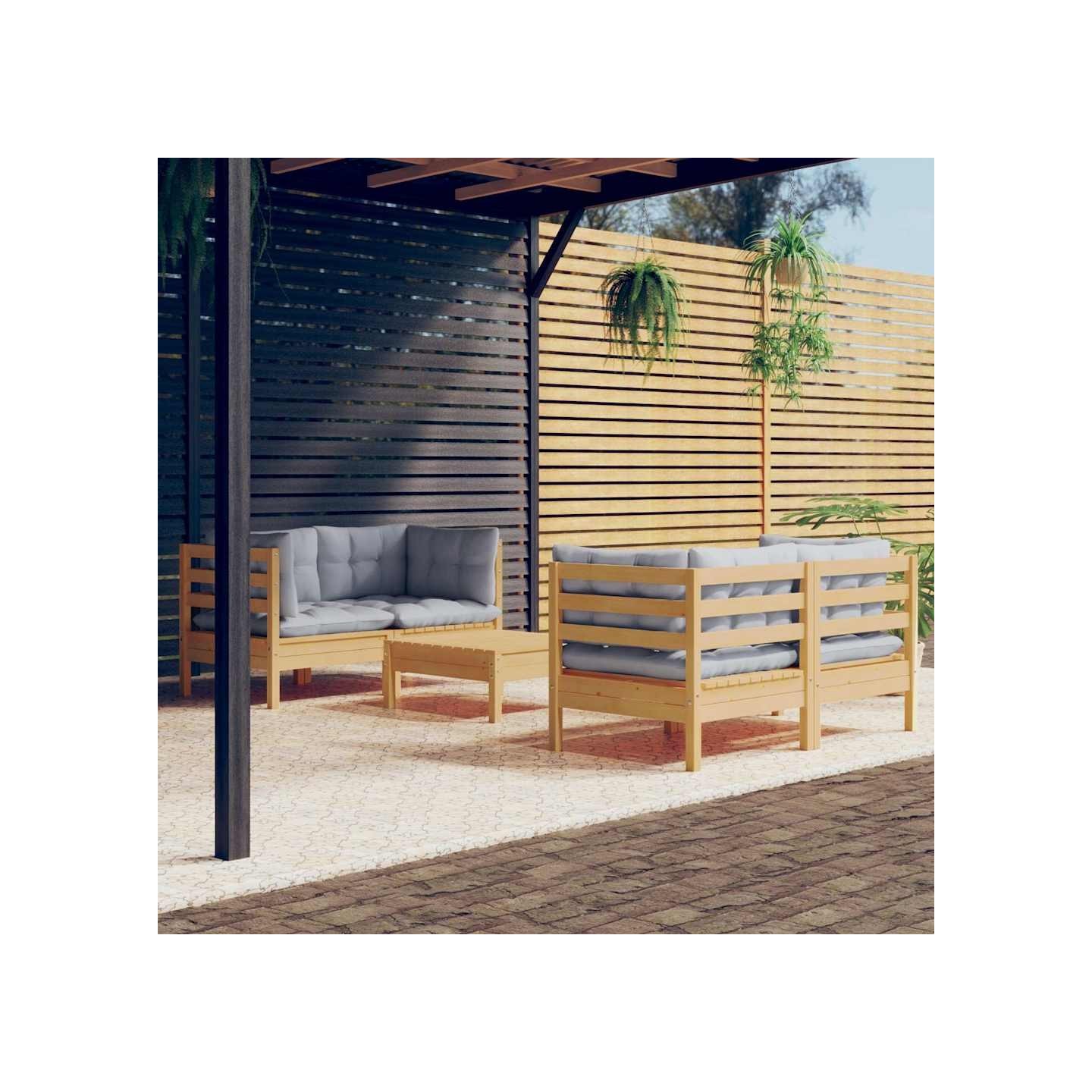 Salon de jardin 5 pcs avec coussins gris bois de pin