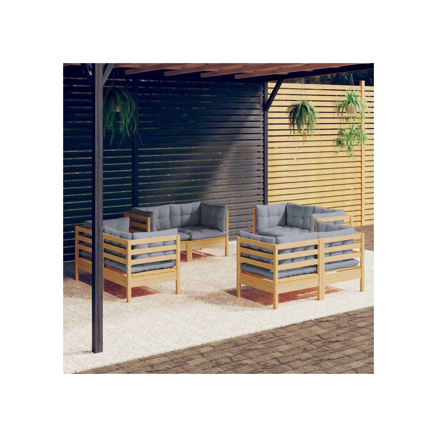 Salon de jardin 8 pcs avec coussins gris Bois de pin