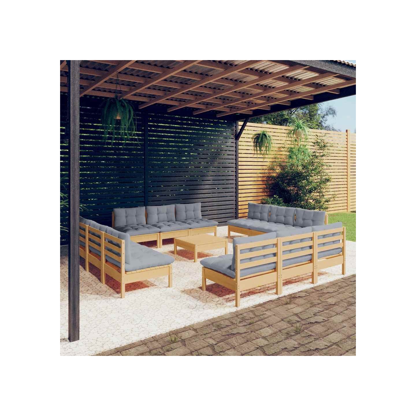 Salon de jardin 13 pcs avec coussins gris bois de pin