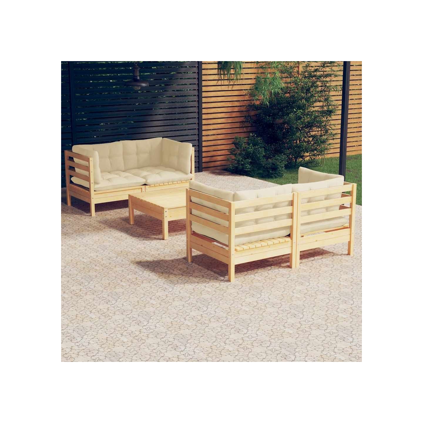 Salon de jardin 5 pcs avec coussins crème bois de pin