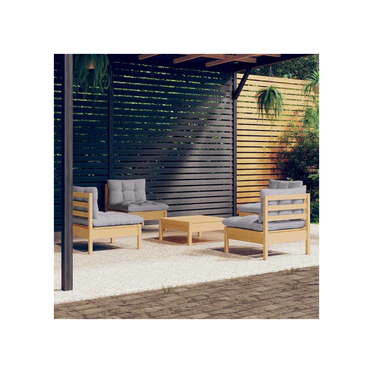 Salon de jardin 5 pcs avec coussins gris bois de pin