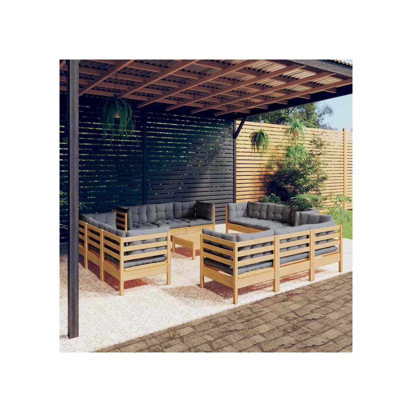 Salon de jardin 13 pcs avec coussins gris bois de pin