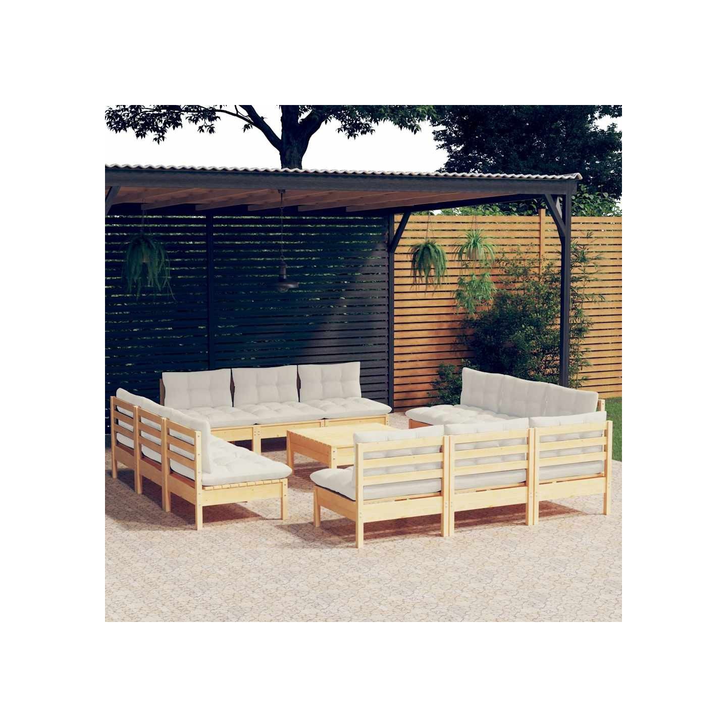 Salon de jardin 13 pcs avec coussins crème bois de pin