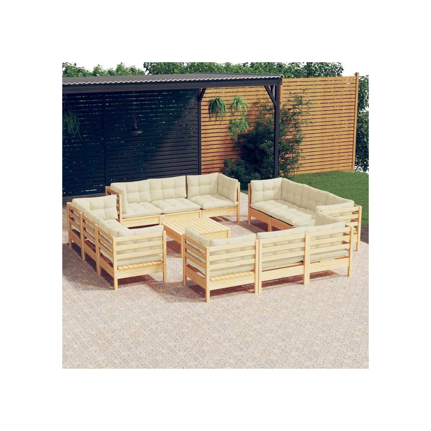 Salon de jardin 13 pcs avec coussins crème bois de pin