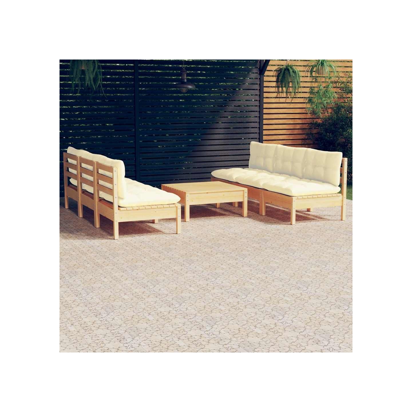 Salon de jardin 7 pcs avec coussins crème bois de pin