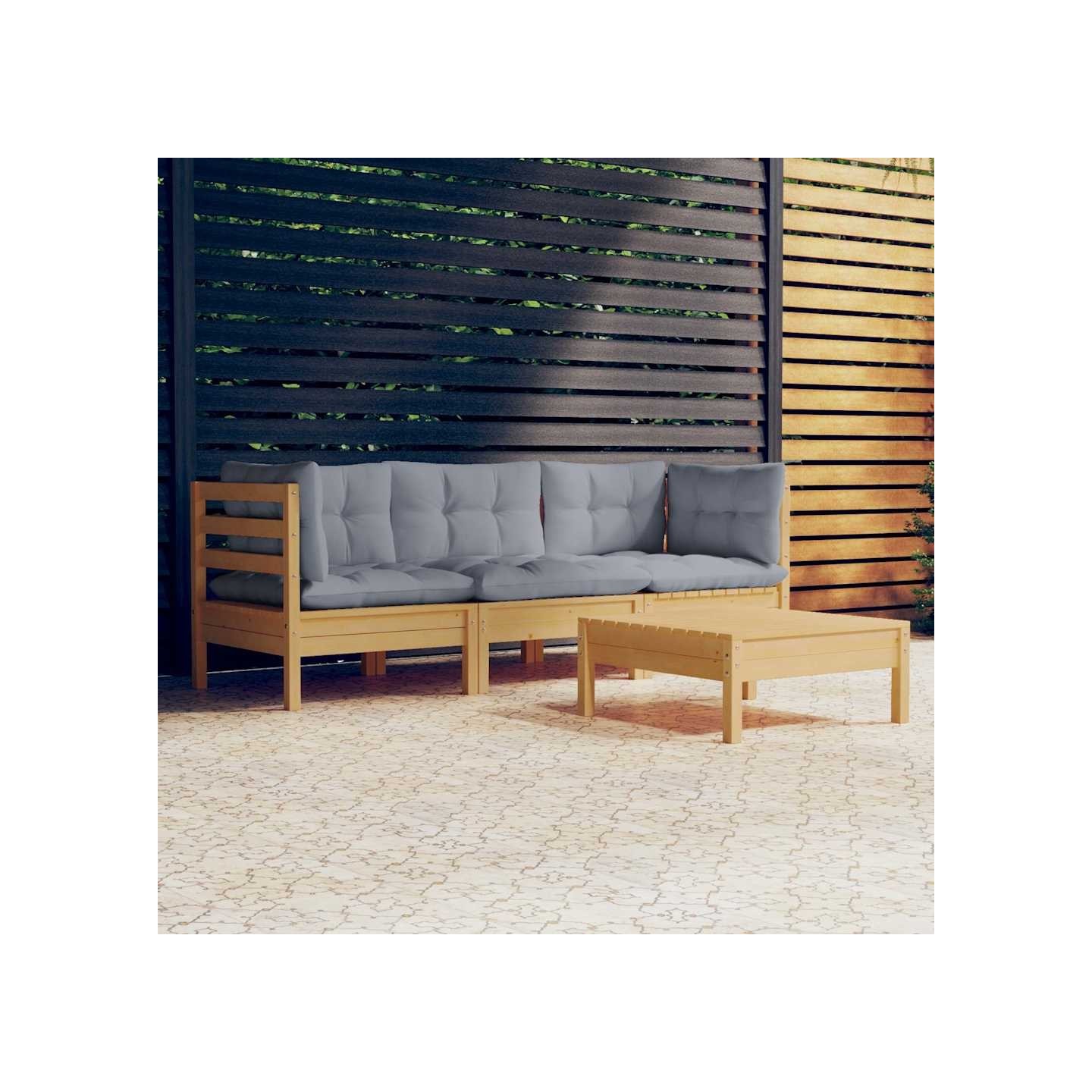 Salon de jardin 4 pcs avec coussins gris Bois de pin