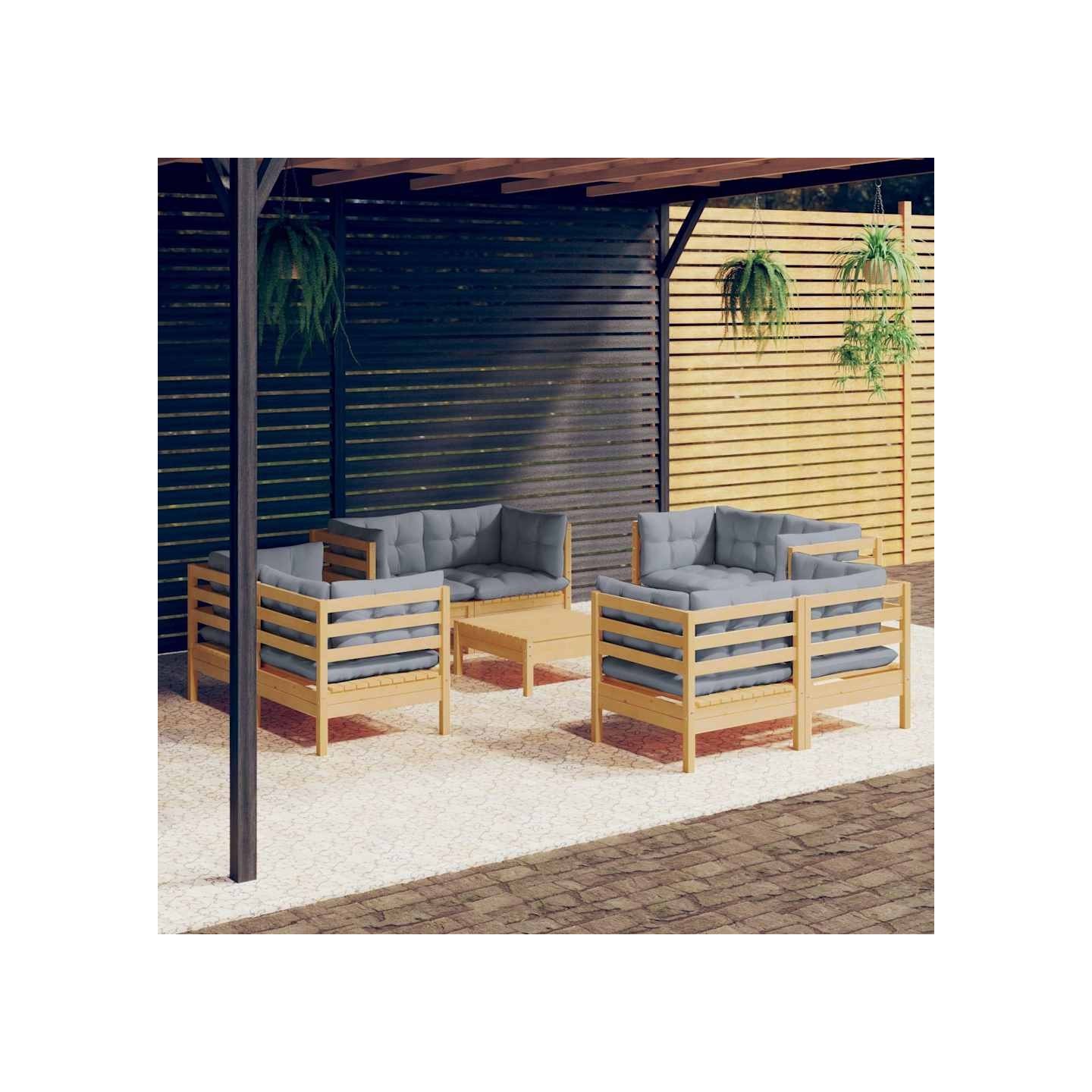 Salon de jardin 9 pcs avec coussins gris bois de pin