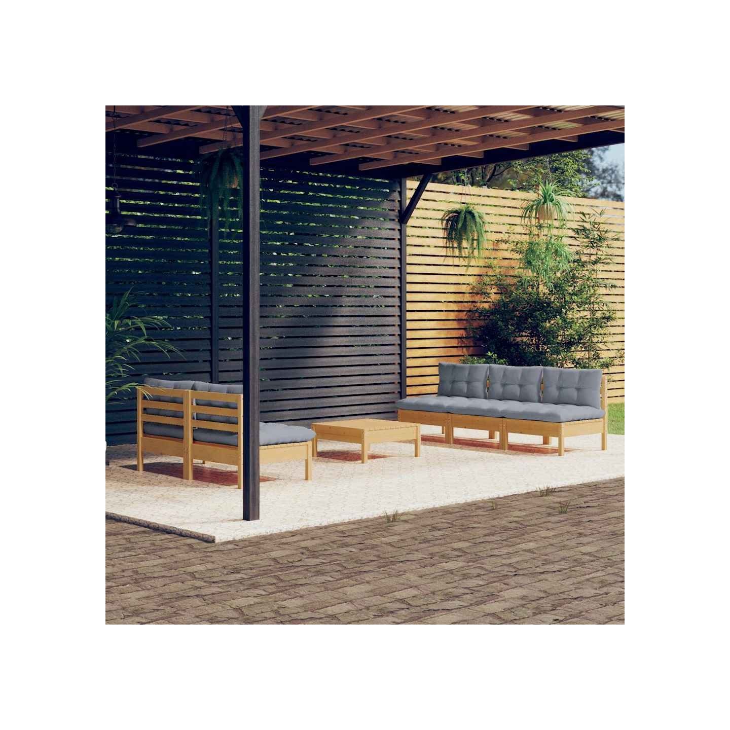 Salon de jardin 6 pcs avec coussins gris bois de pin
