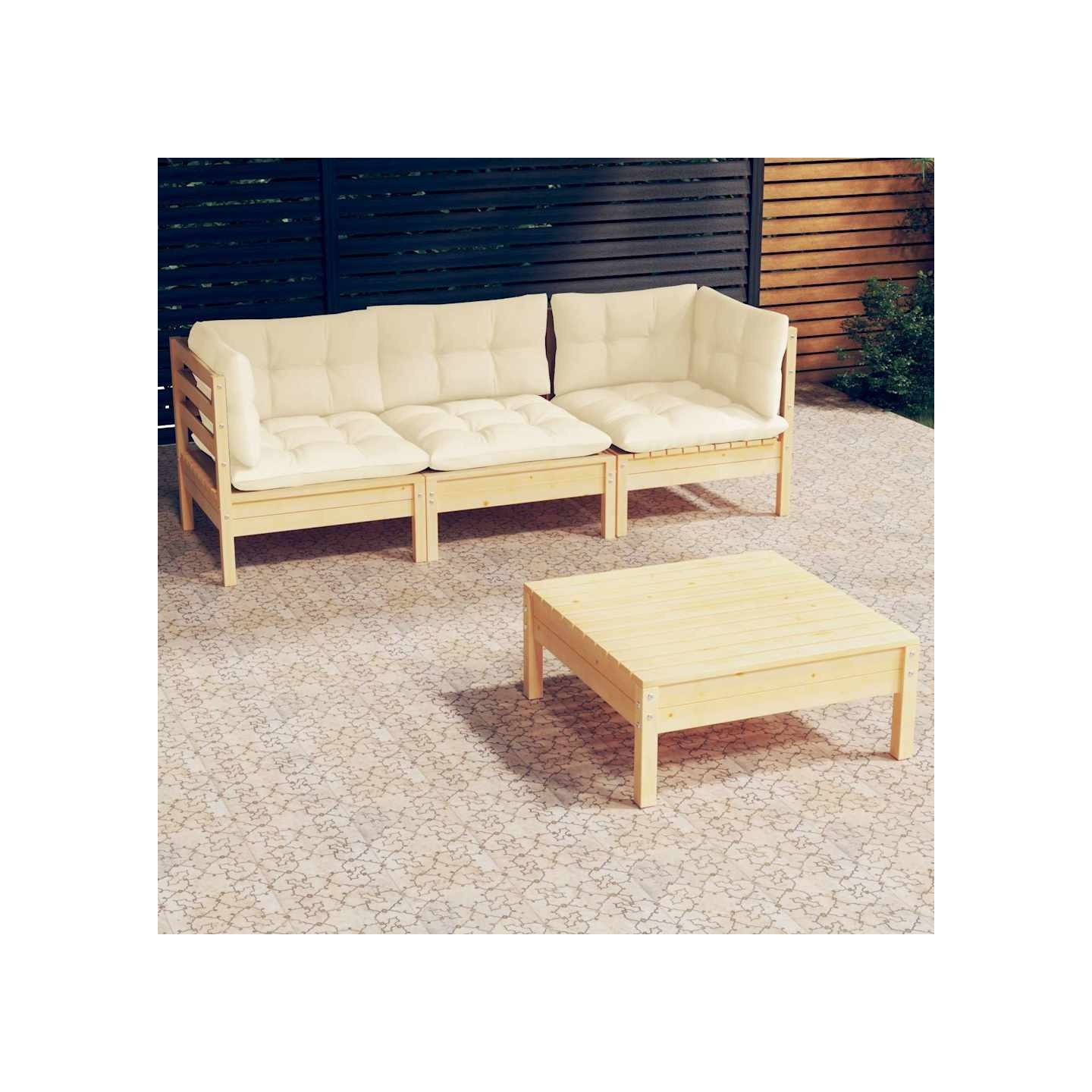 Salon de jardin 4 pcs avec coussins crème Bois de pin