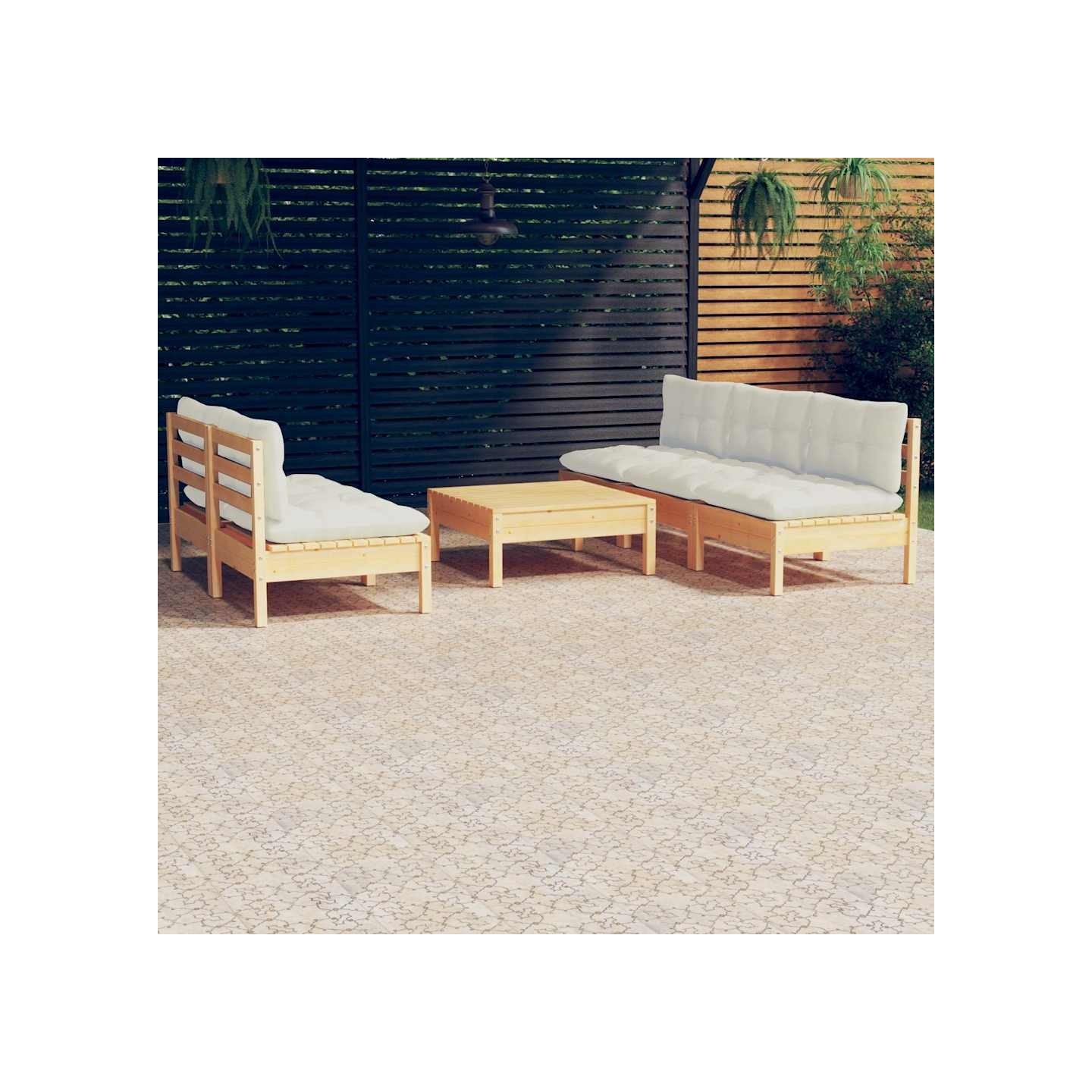 Salon de jardin 6 pcs avec coussins crème bois de pin