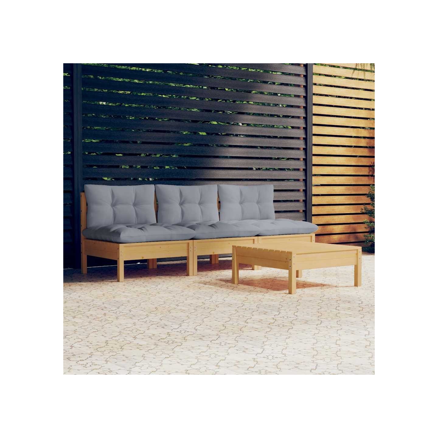 Salon de jardin 4 pcs avec coussins gris Bois de pin