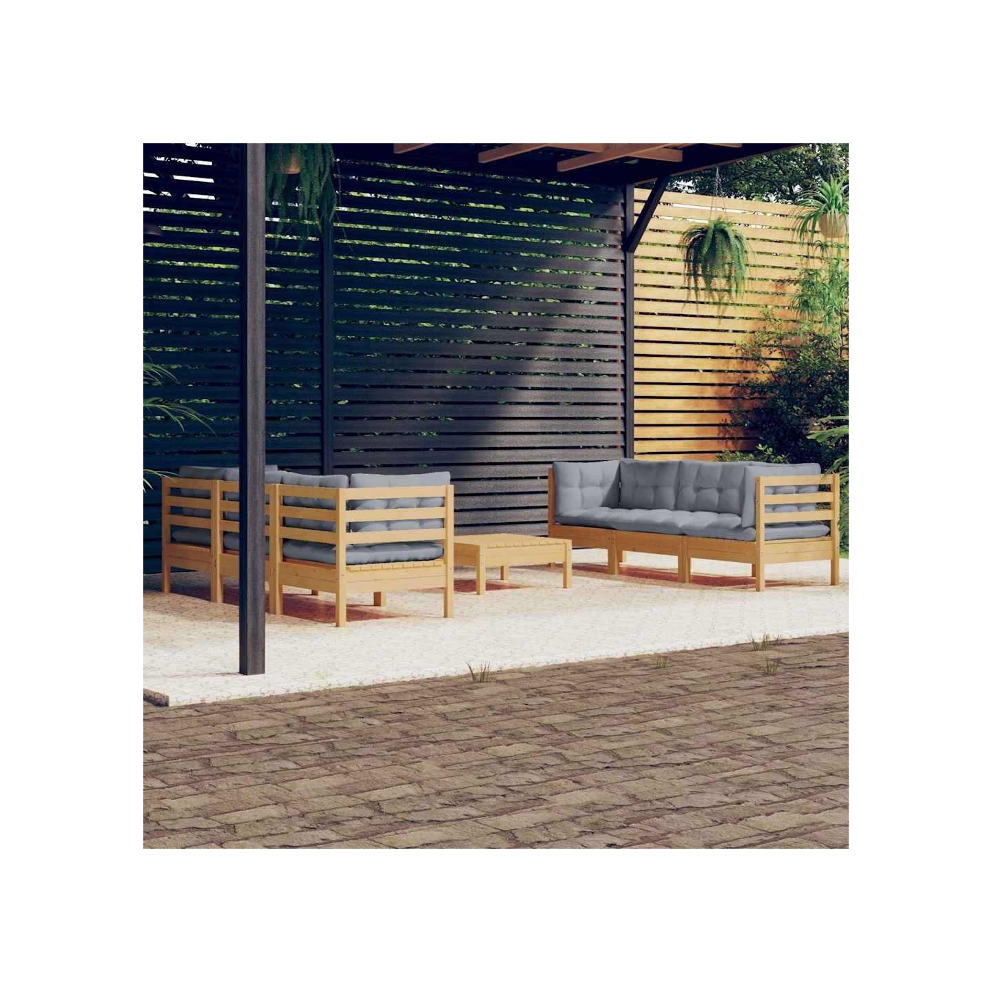 Salon de jardin 7 pcs avec coussins gris bois de pin