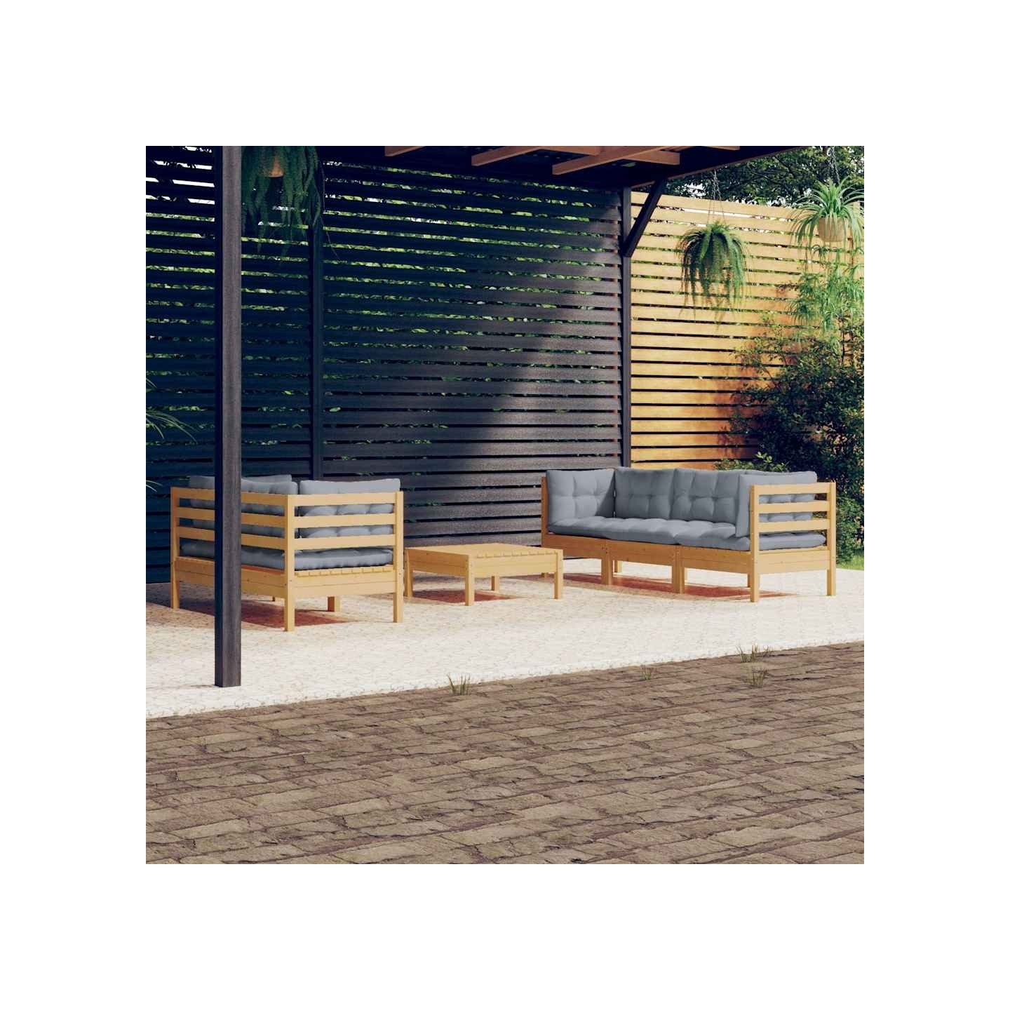 Salon de jardin 6 pcs avec coussins gris bois de pin