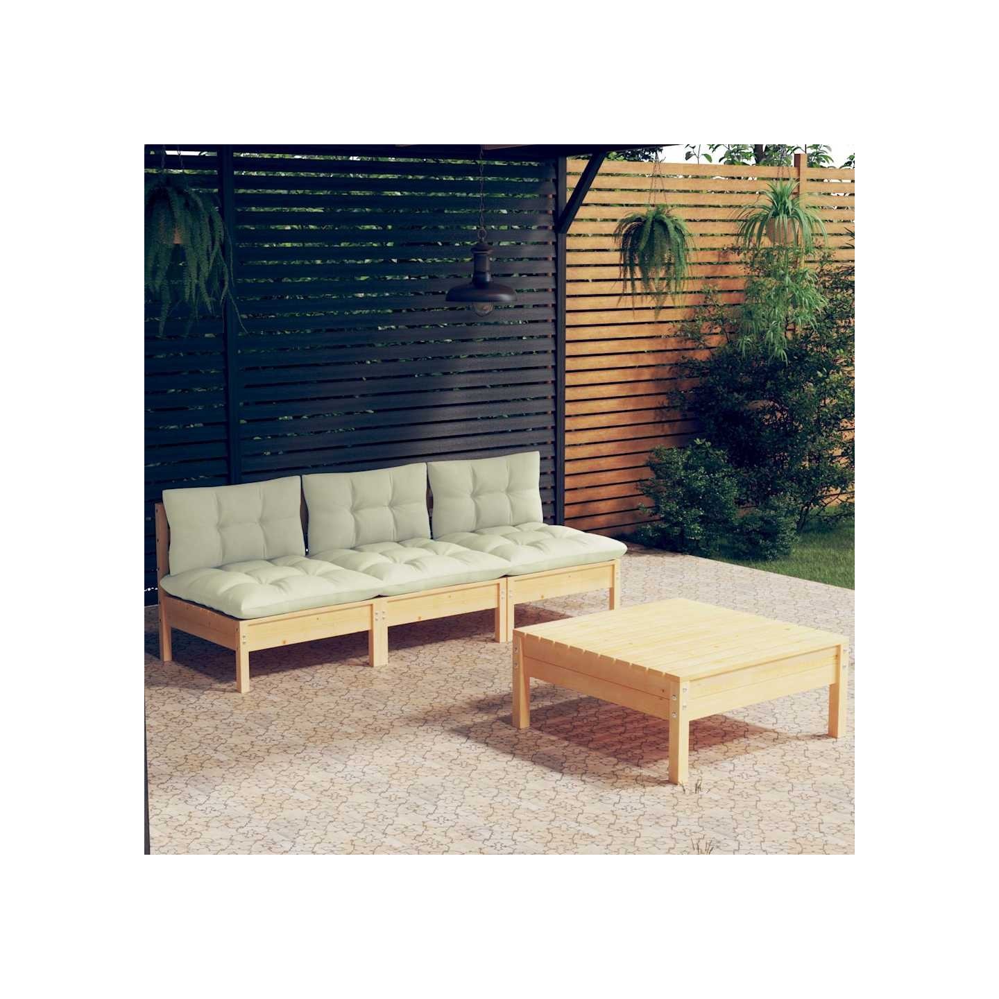 Salon de jardin 4 pcs avec coussins crème Bois de pin