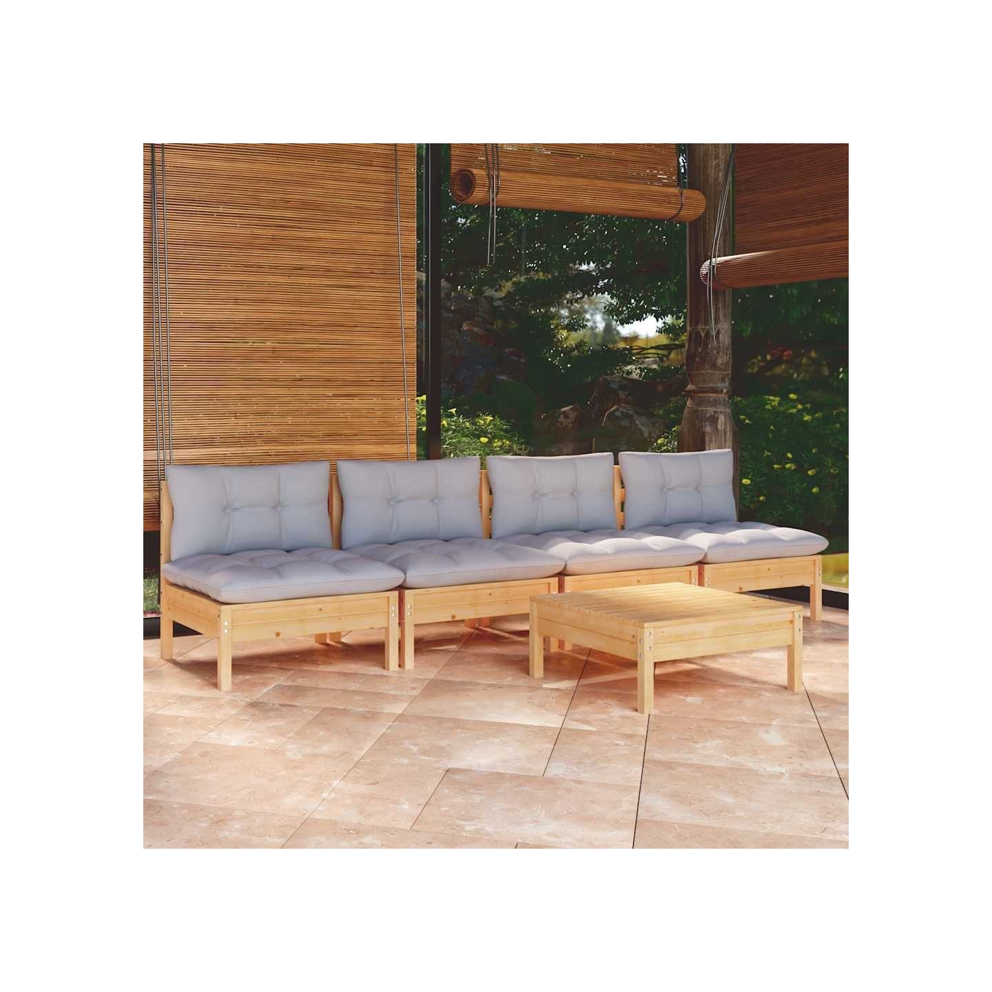 Salon de jardin 5 pcs avec coussins gris bois de pin