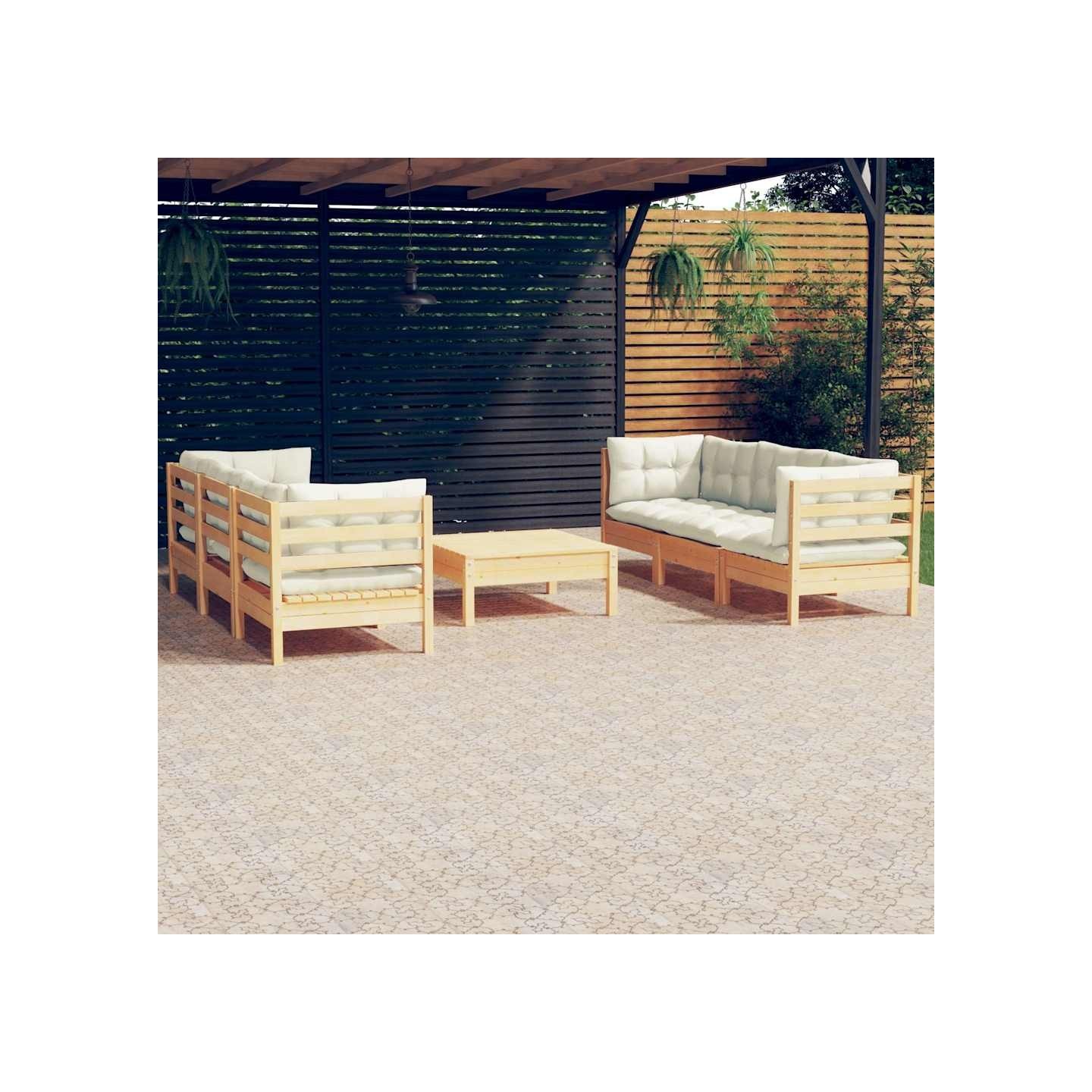 Salon de jardin 7 pcs avec coussins crème bois de pin