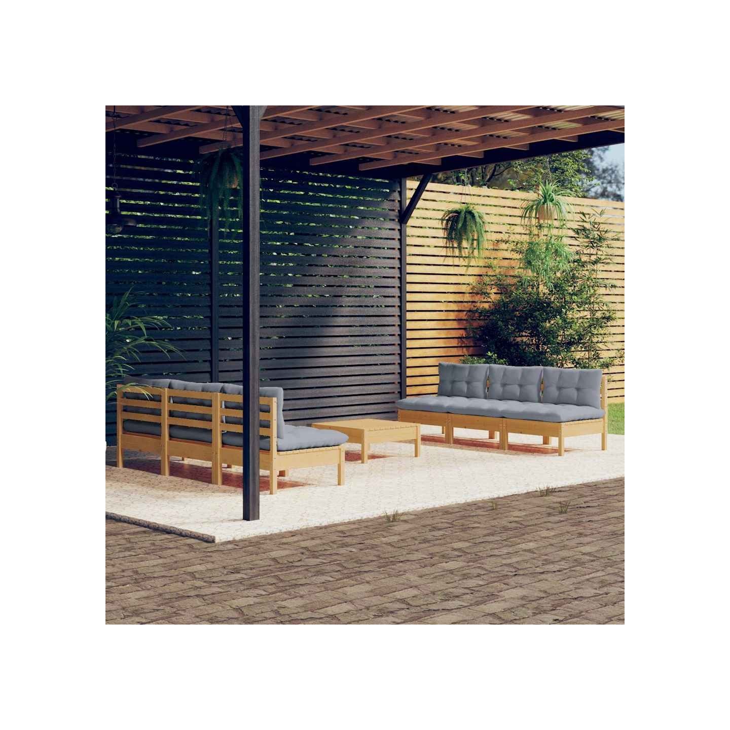 Salon de jardin 7 pcs avec coussins gris bois de pin