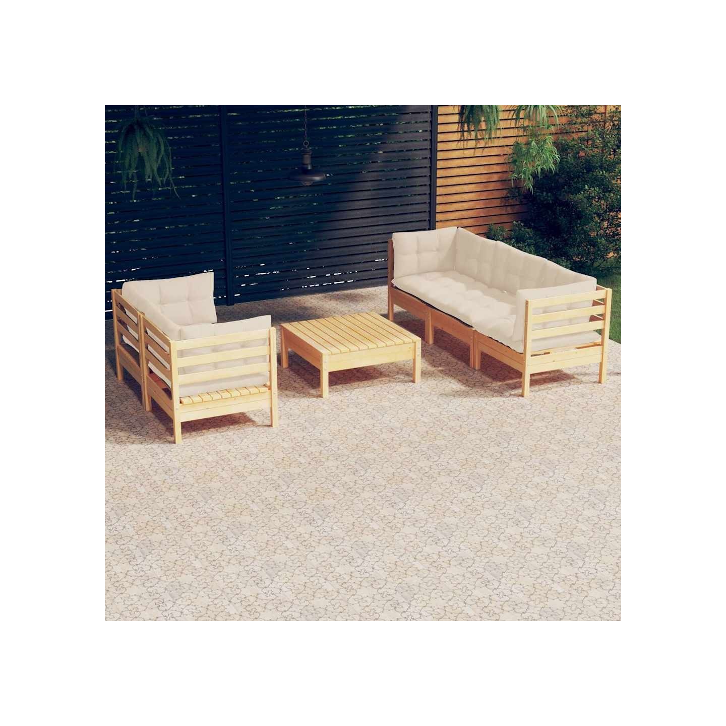 Salon de jardin 6 pcs avec coussins crème bois de pin