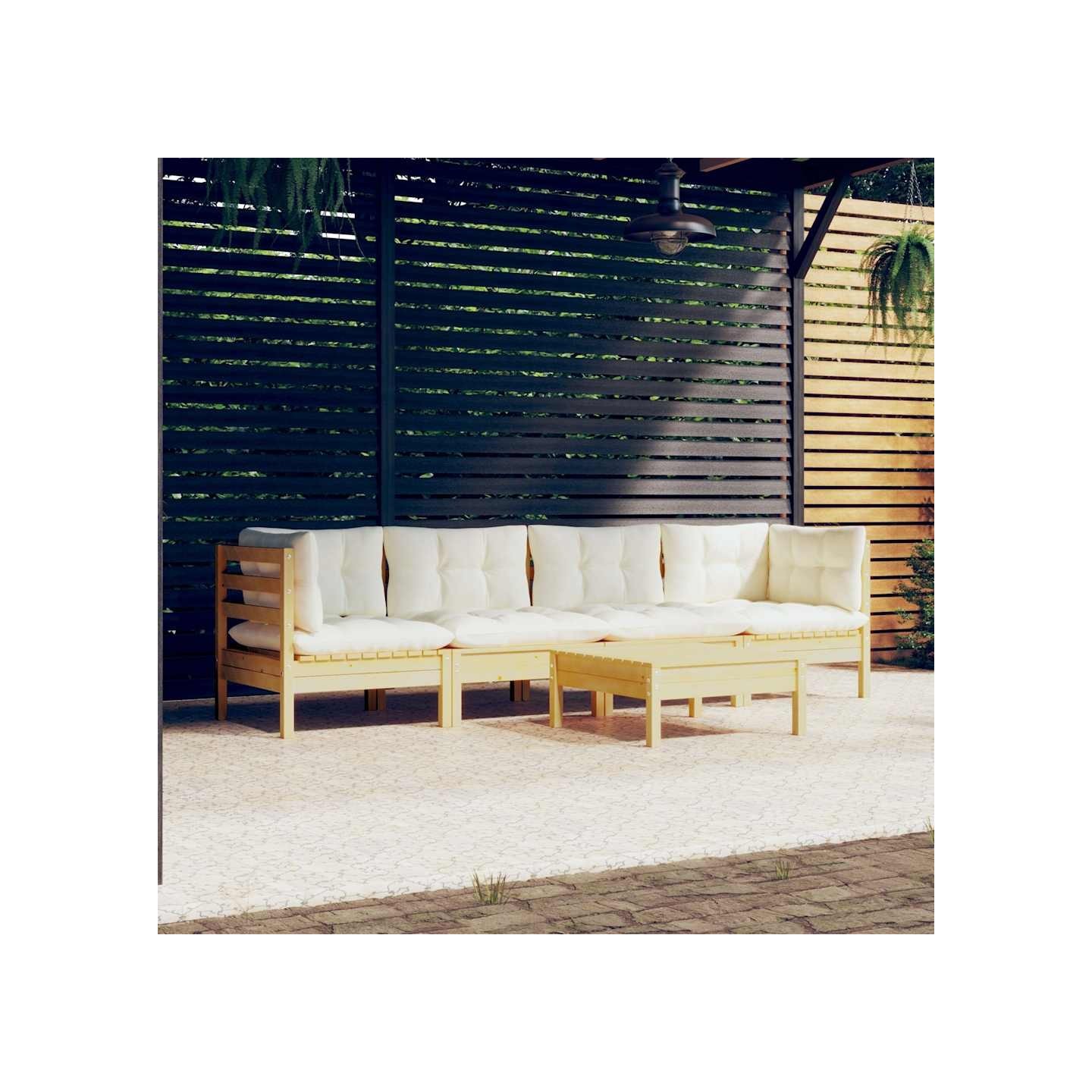 Salon de jardin 5 pcs avec coussins crème bois de pin massif