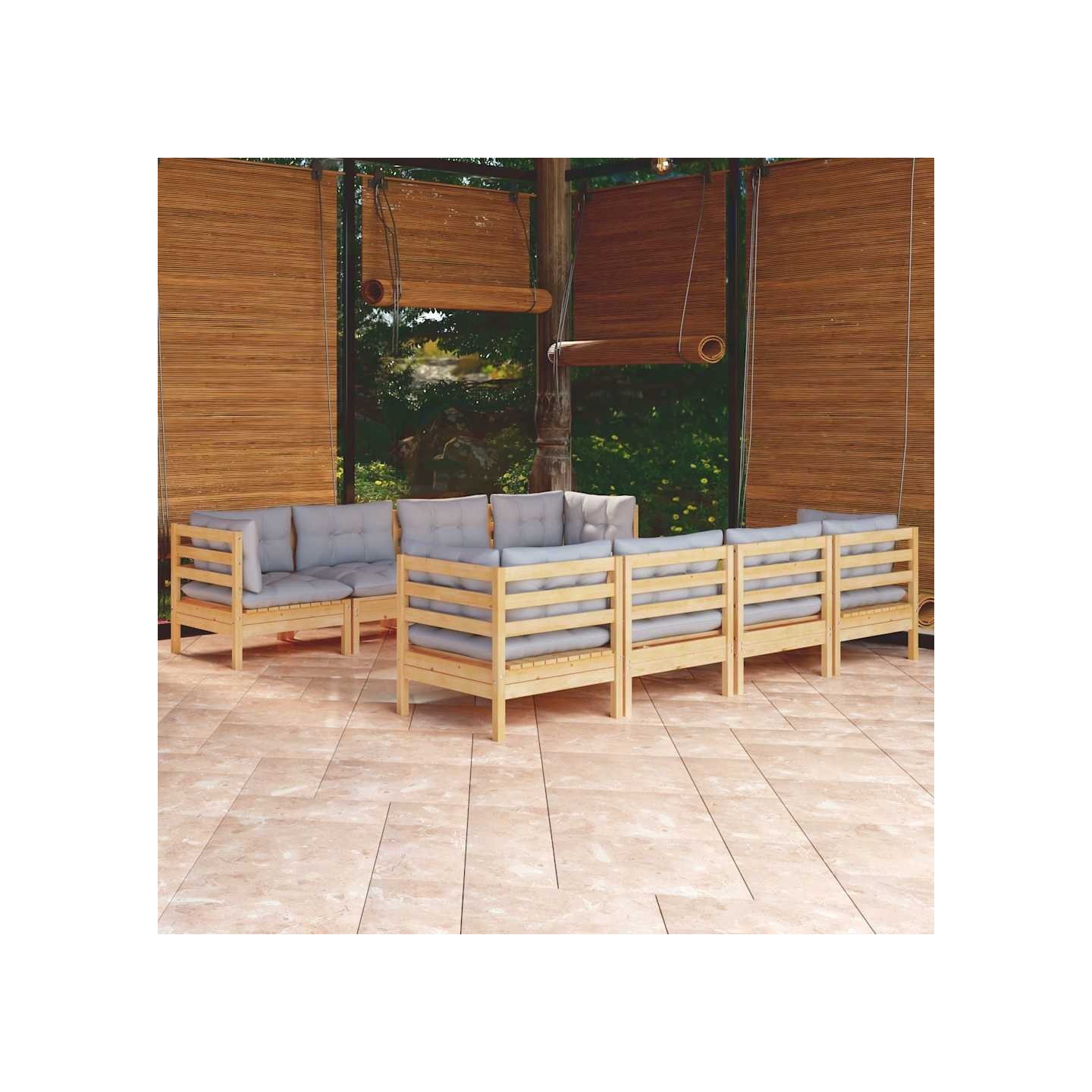 Salon de jardin 9 pcs avec coussins gris bois de pin massif