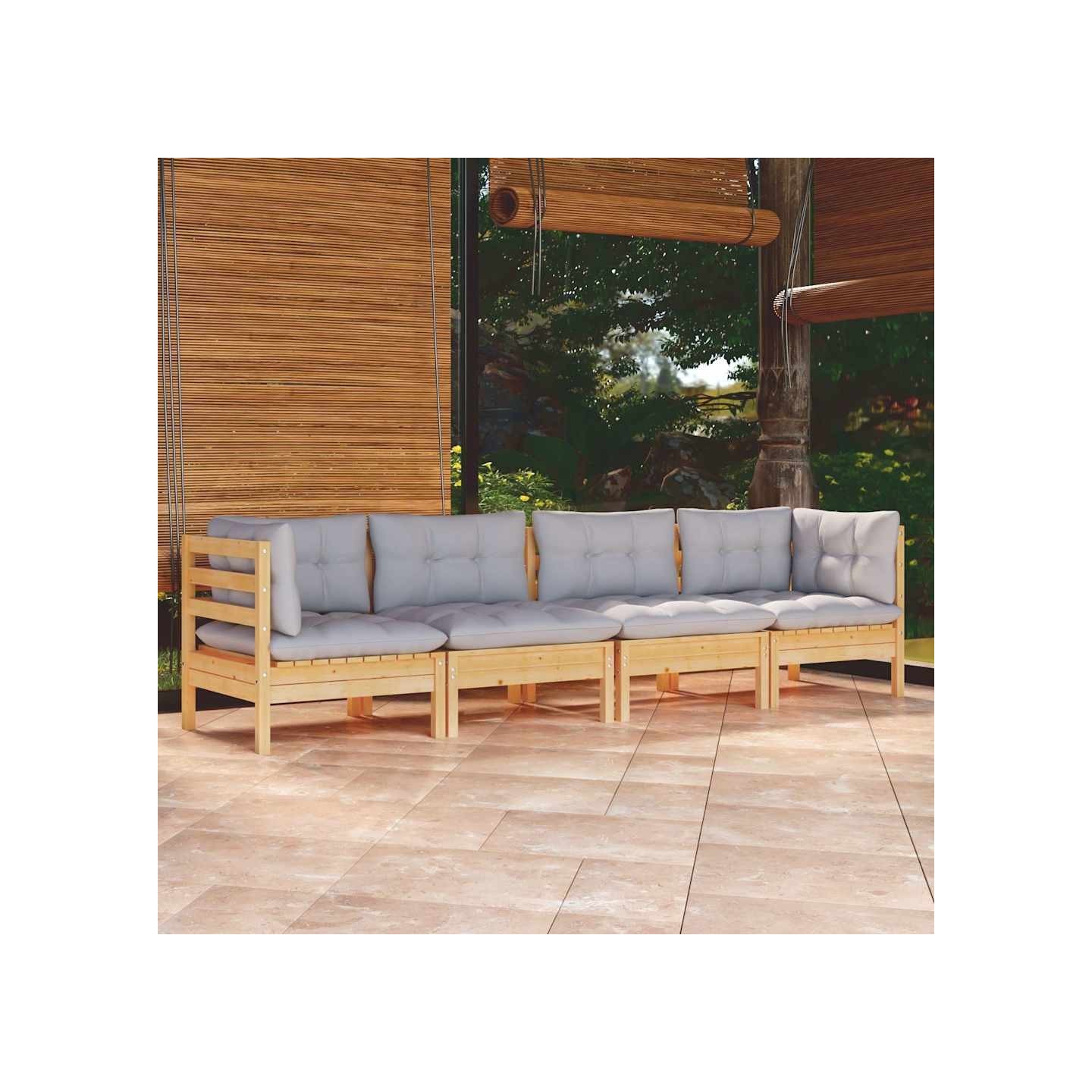 Salon de jardin 4 pcs avec coussins gris Bois de pin massif