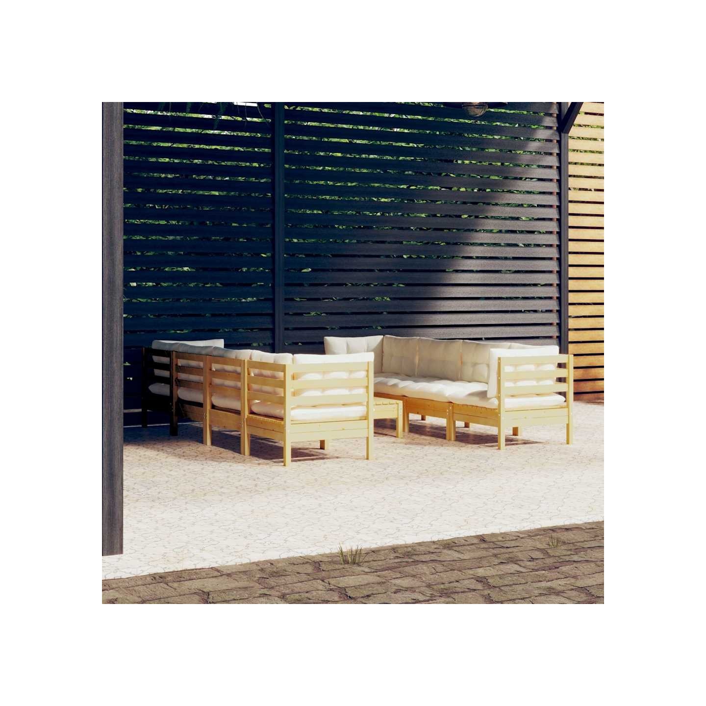 Salon de jardin 9 pcs avec coussins crème bois de pin massif