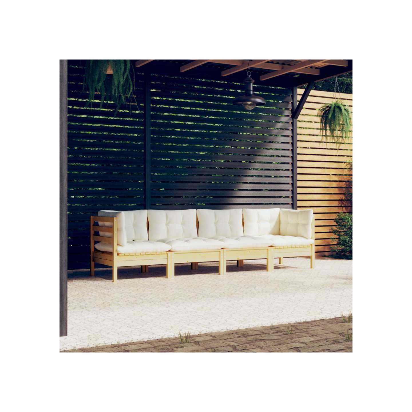 Salon de jardin 4 pcs avec coussins crème Bois de pin massif