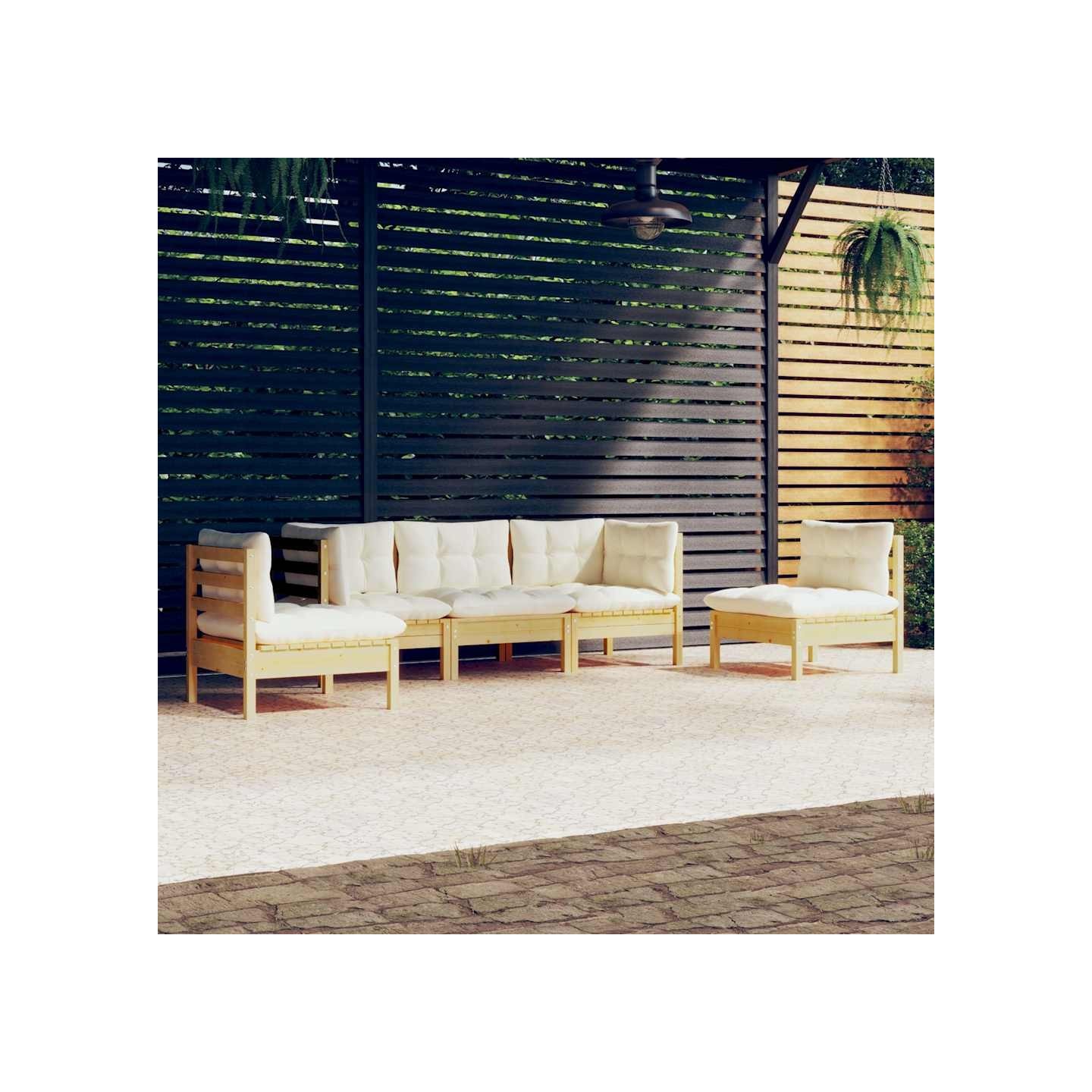 Salon de jardin 5 pcs avec coussins crème bois de pin massif