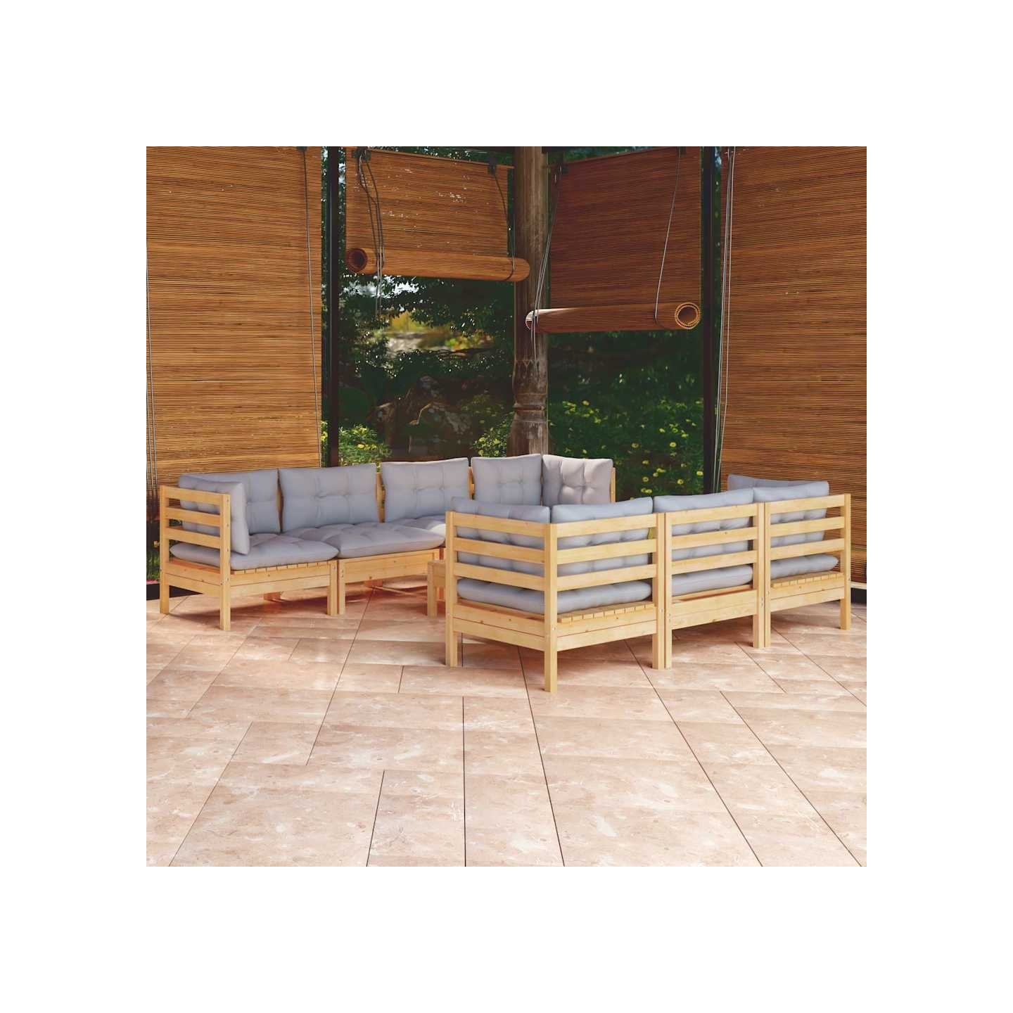 Salon de jardin 8 pcs avec coussins gris Bois de pin massif