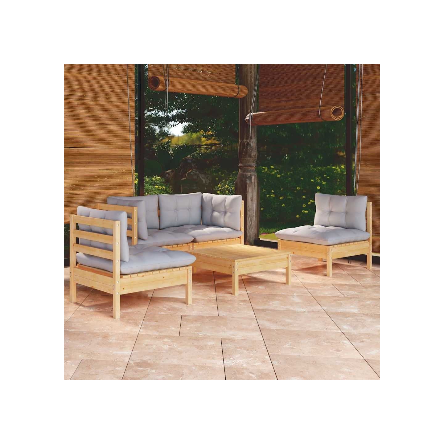 Salon de jardin 5 pcs avec coussins gris bois de pin massif