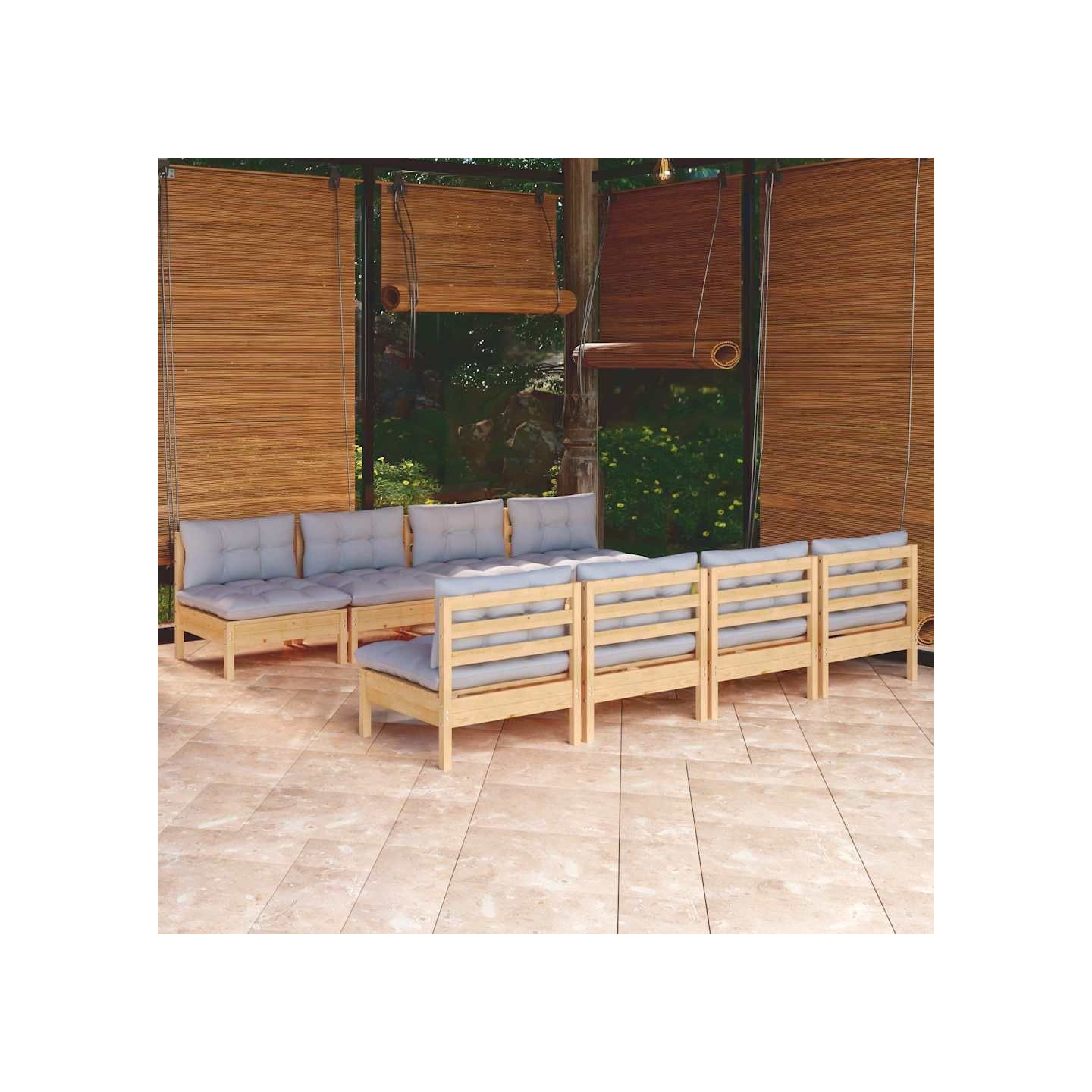 Salon de jardin 9 pcs avec coussins gris bois de pin massif