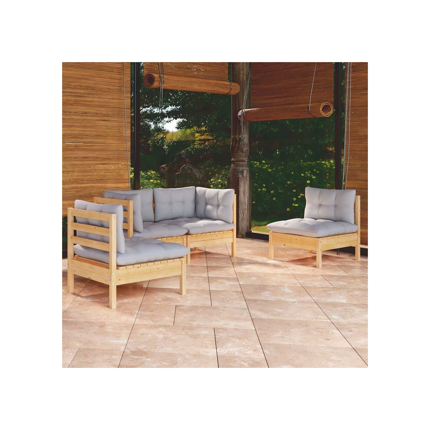 Salon de jardin 4 pcs avec coussins gris Bois de pin massif