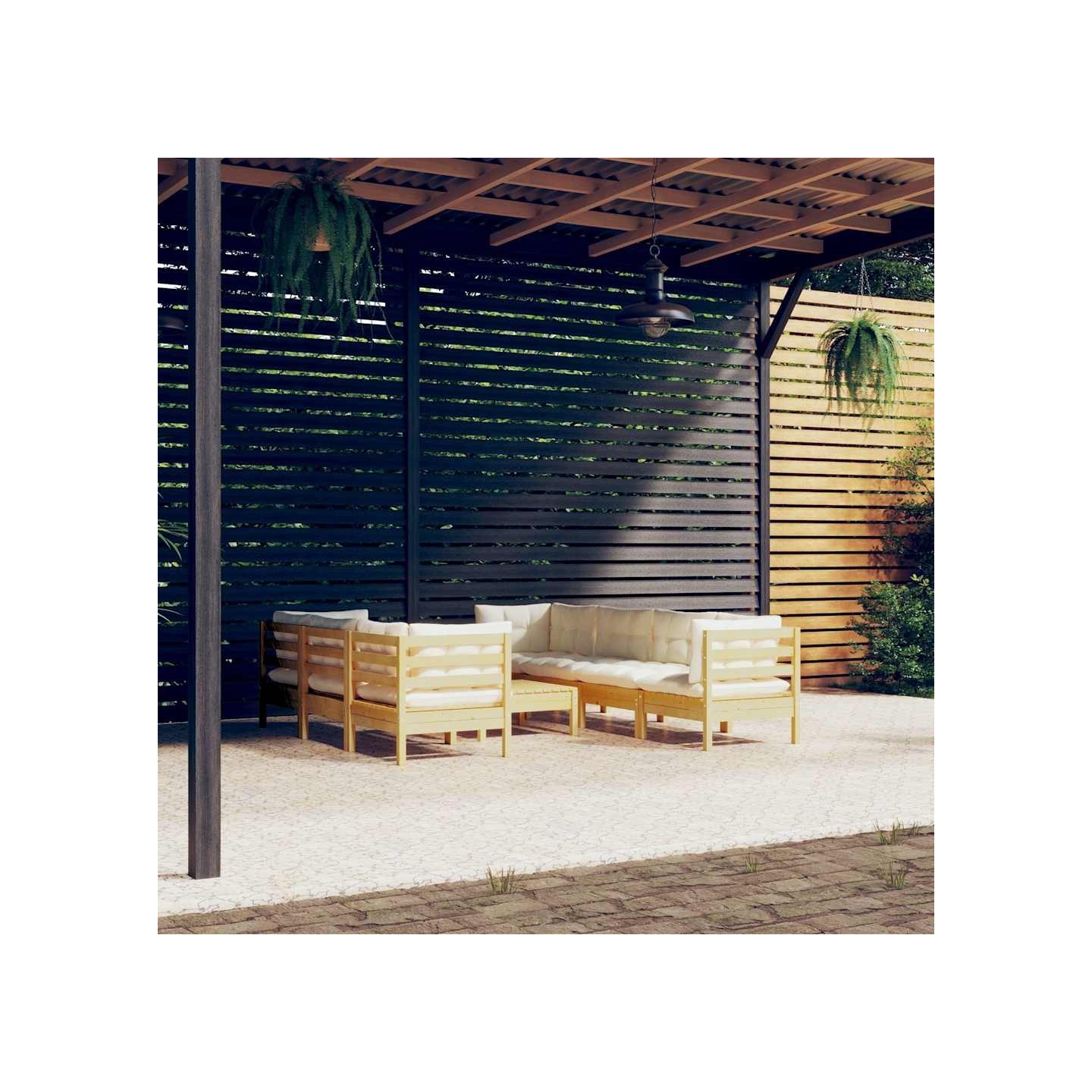 Salon de jardin 8 pcs avec coussins crème Bois de pin massif