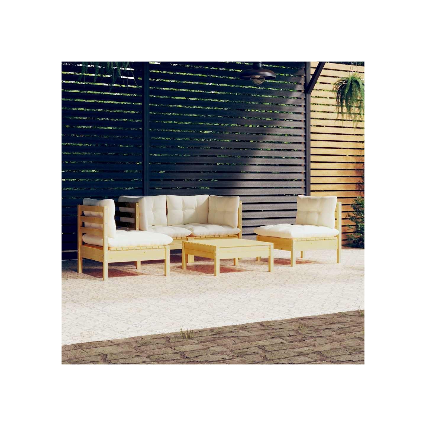 Salon de jardin 5 pcs avec coussins crème bois de pin massif