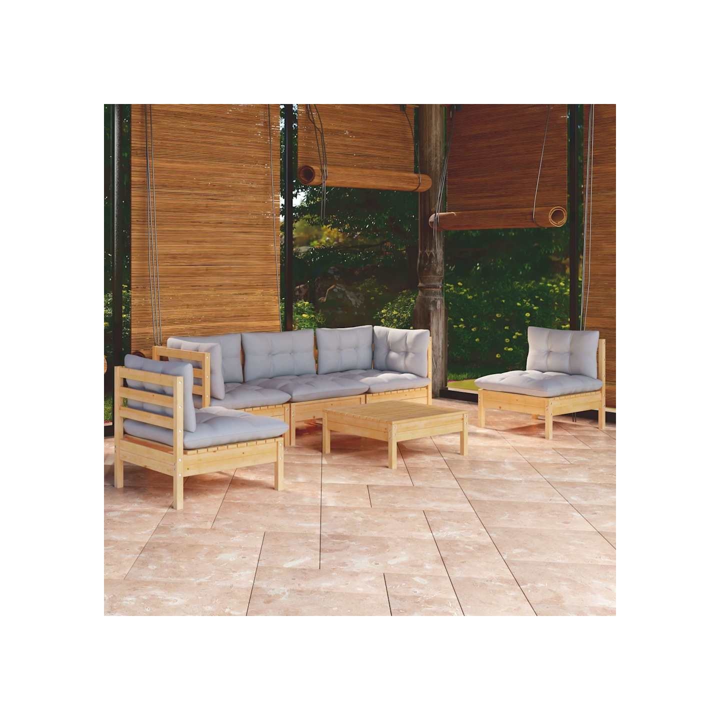 Salon de jardin 6 pcs avec coussins gris Bois de pin massif