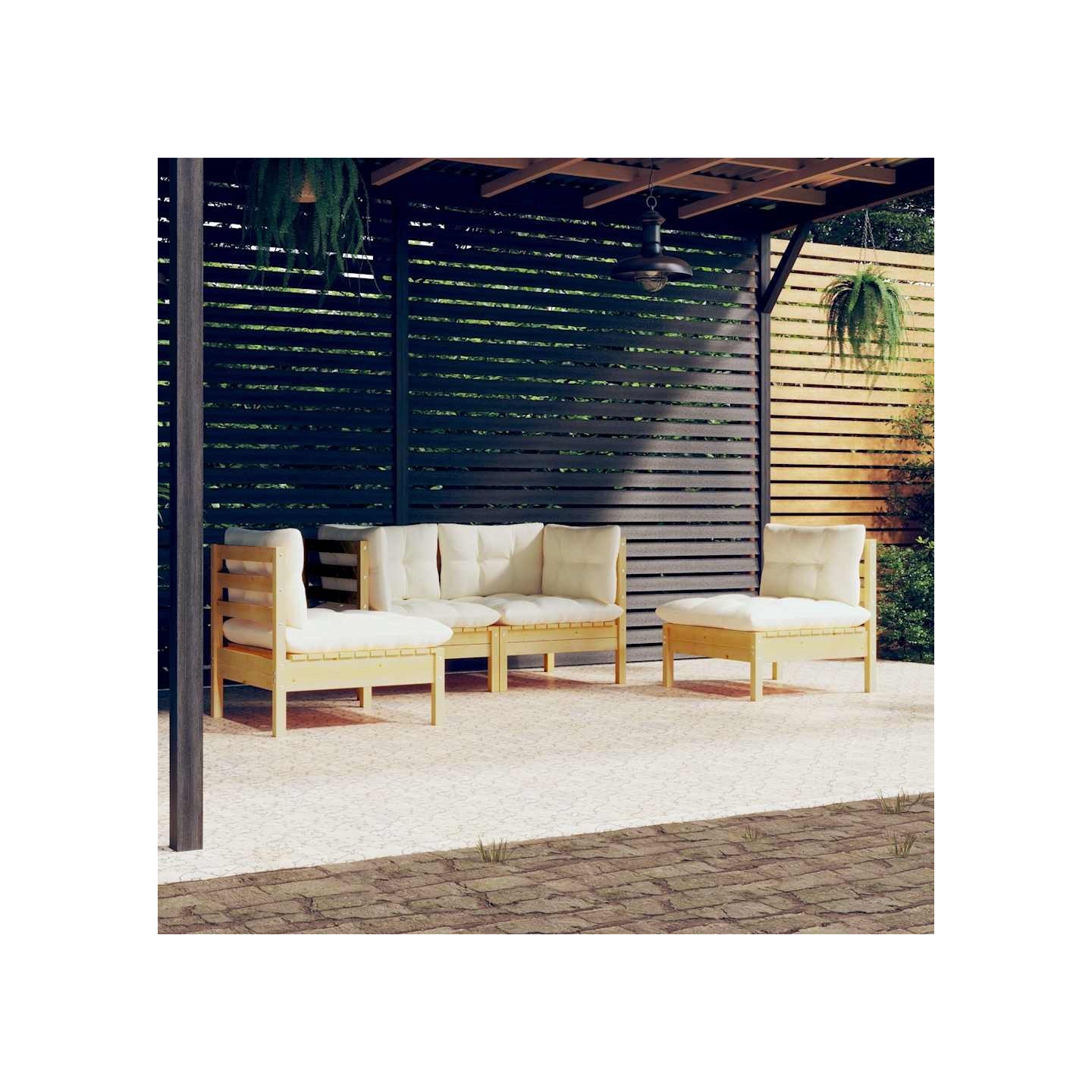 Salon de jardin 4 pcs avec coussins crème Bois de pin massif