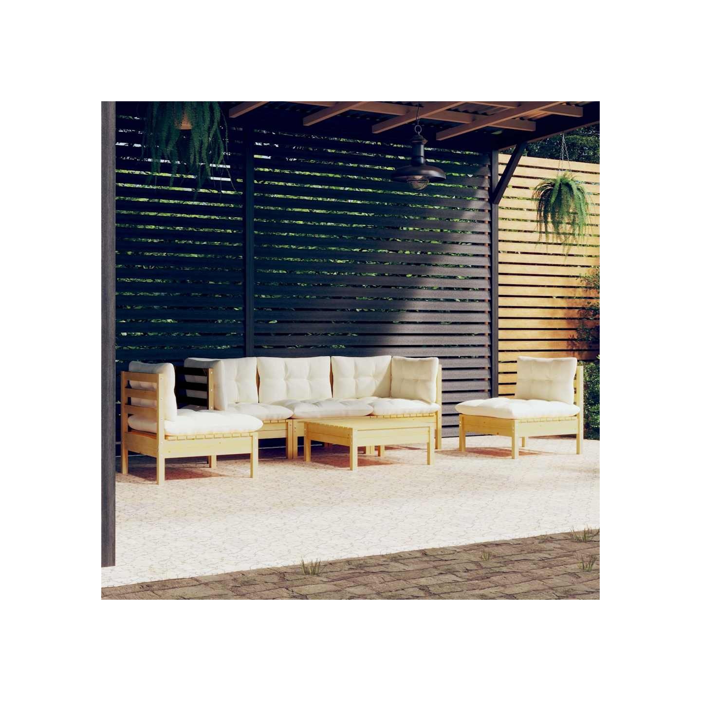 Salon de jardin 6 pcs avec coussins crème Bois de pin massif