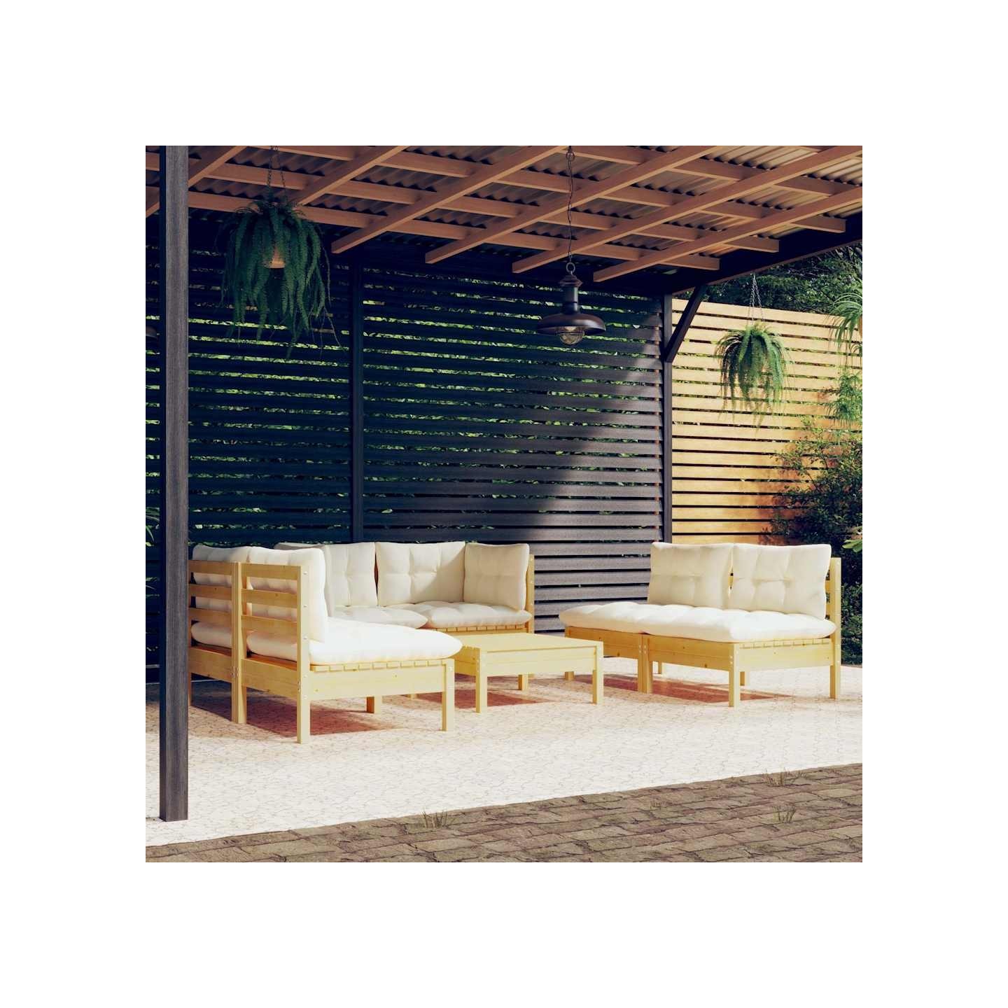 Salon de jardin 7 pcs avec coussins crème bois de pin massif