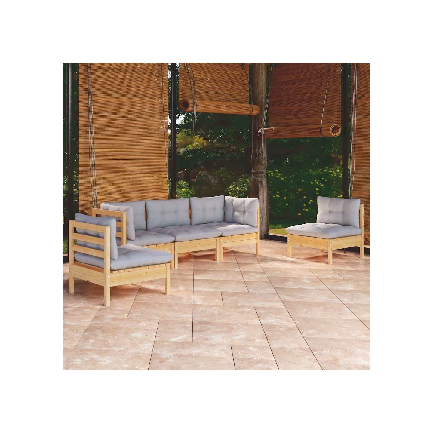 Salon de jardin 5 pcs avec coussins gris bois de pin massif