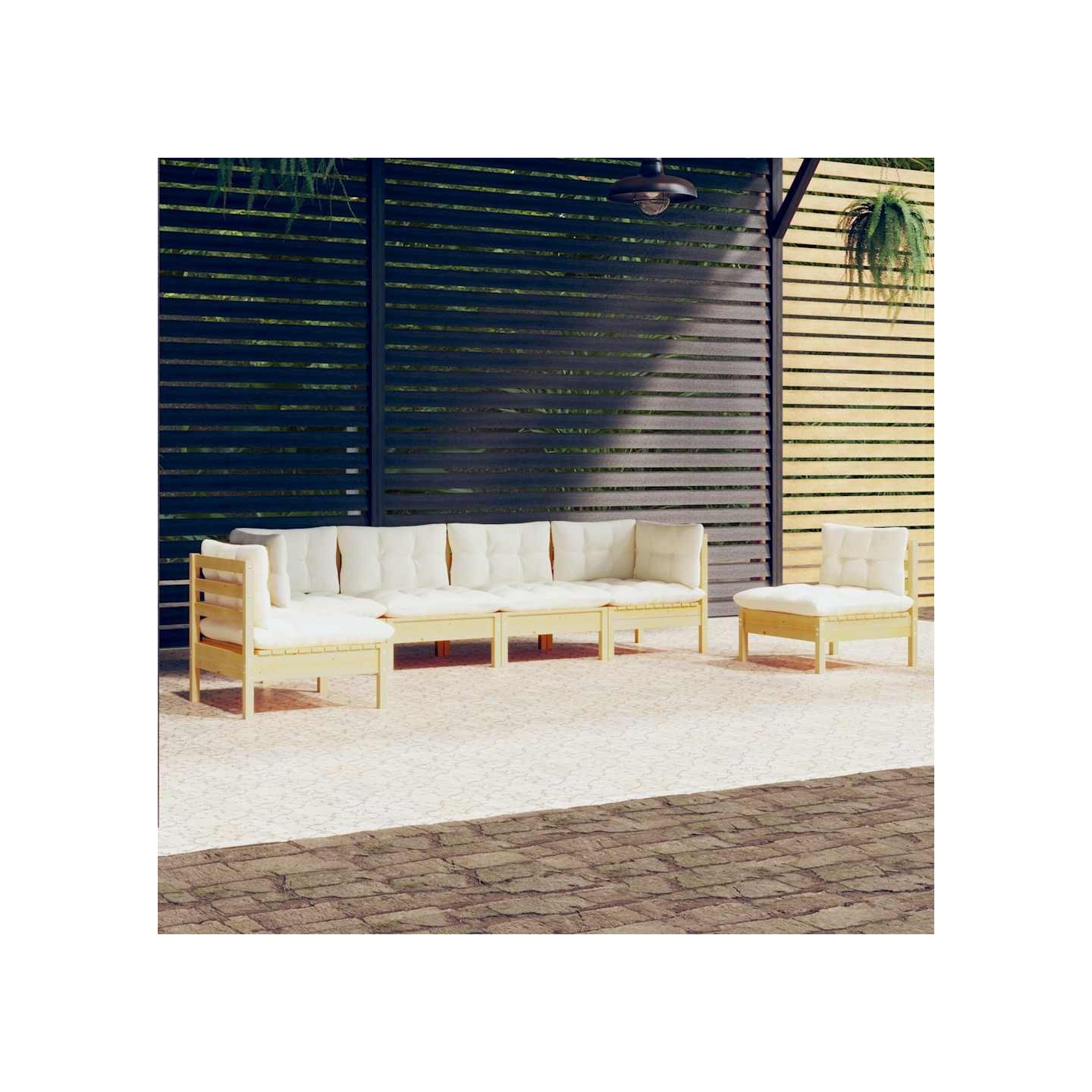 Salon de jardin 6 pcs avec coussins crème Bois de pin massif