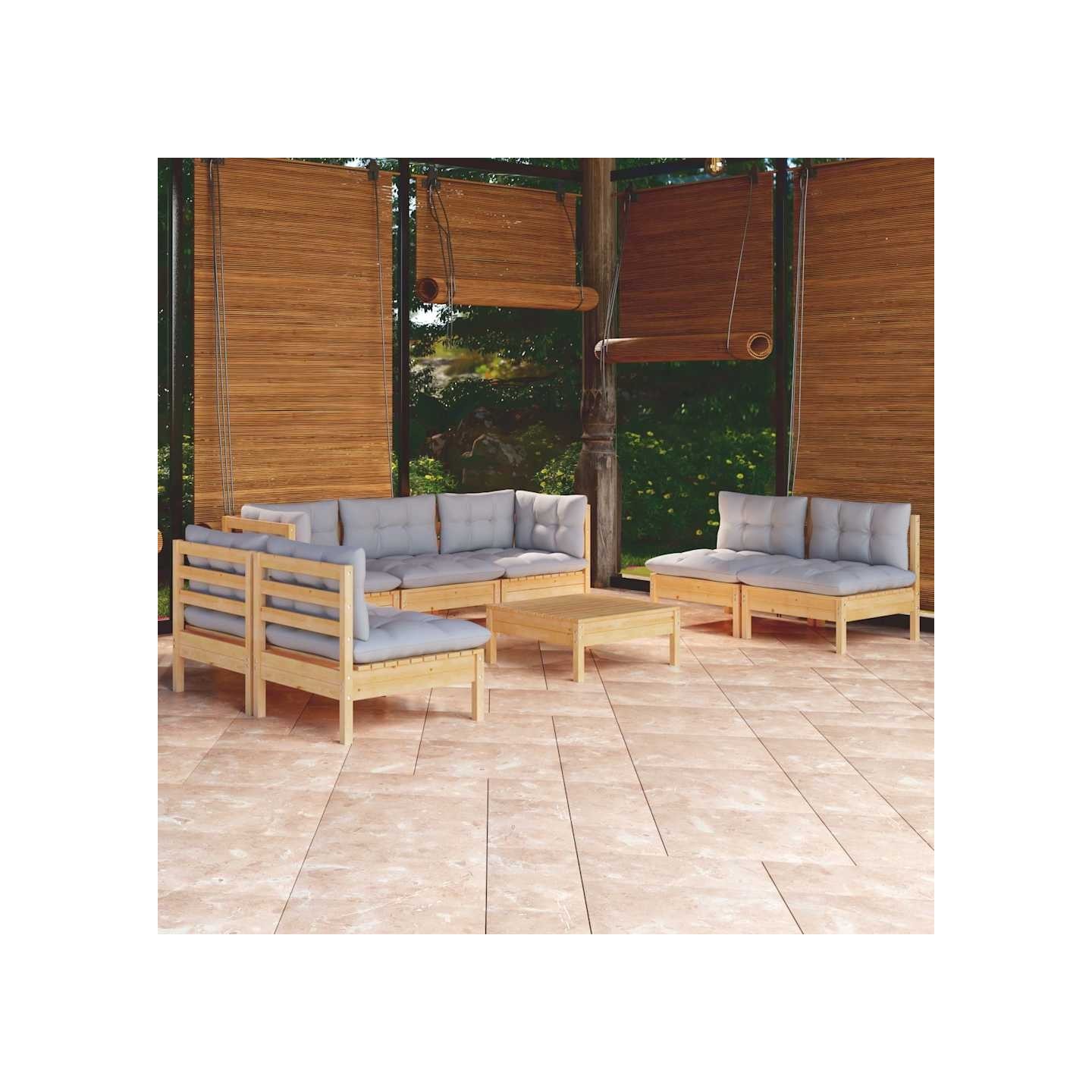 Salon de jardin 8 pcs avec coussins gris Bois de pin massif