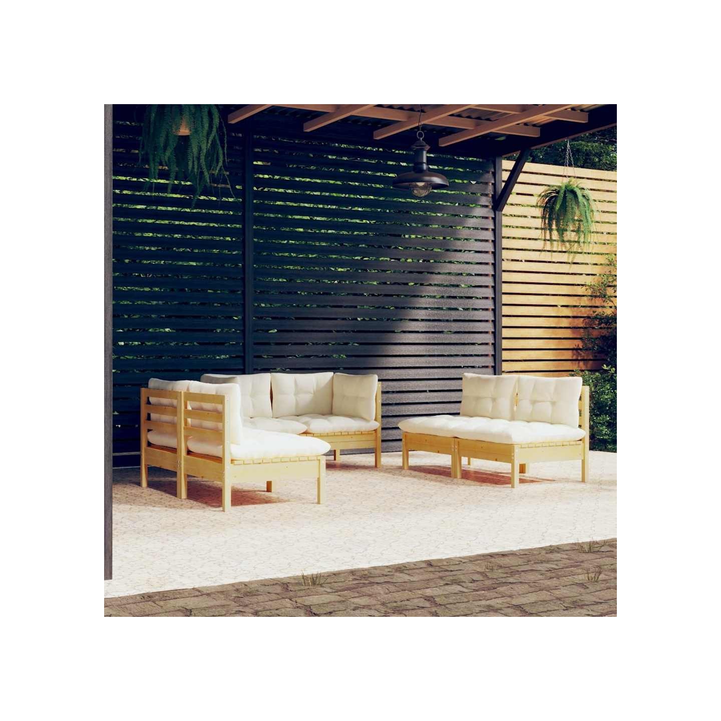 Salon de jardin 6 pcs avec coussins crème Bois de pin massif