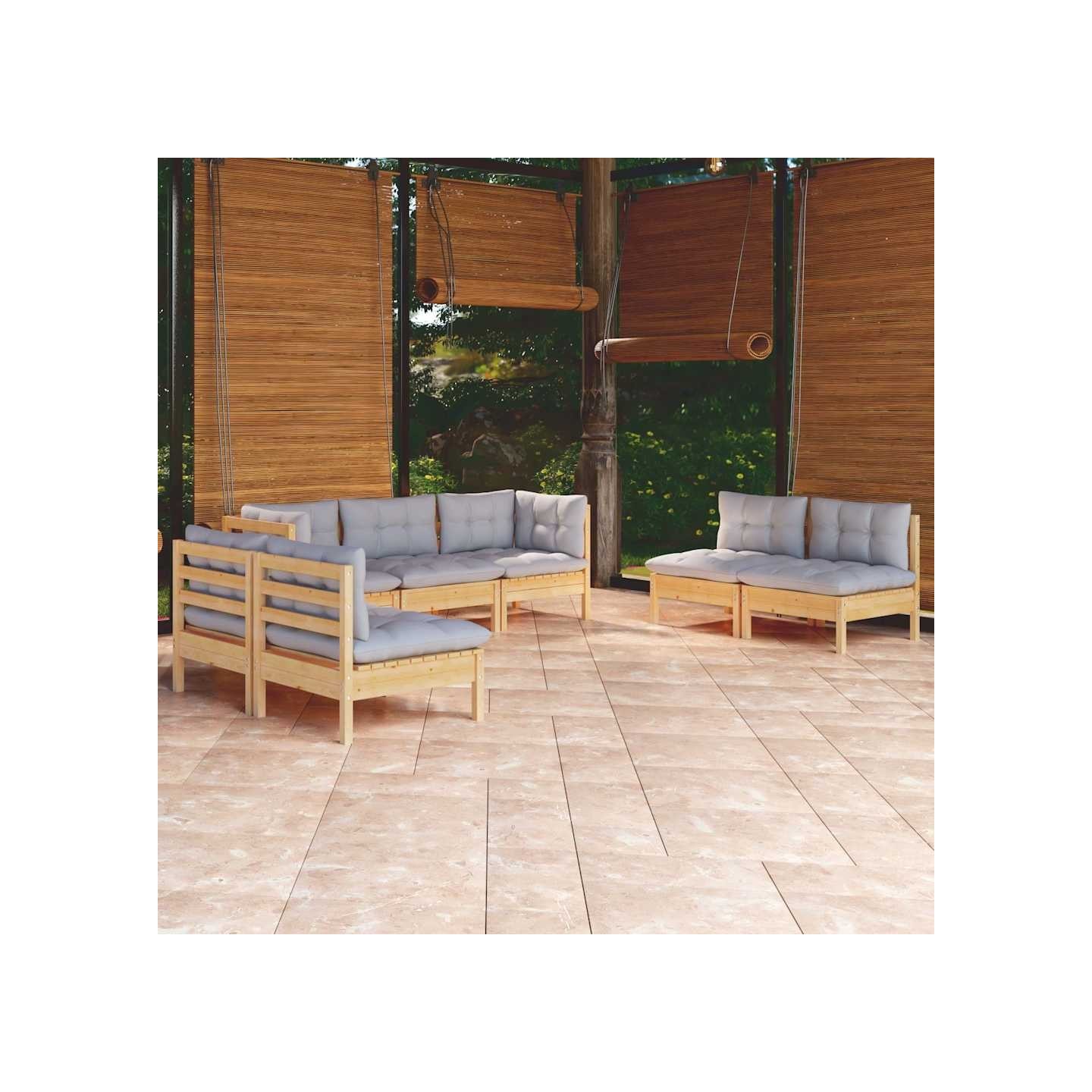 Salon de jardin 7 pcs avec coussins gris bois de pin massif