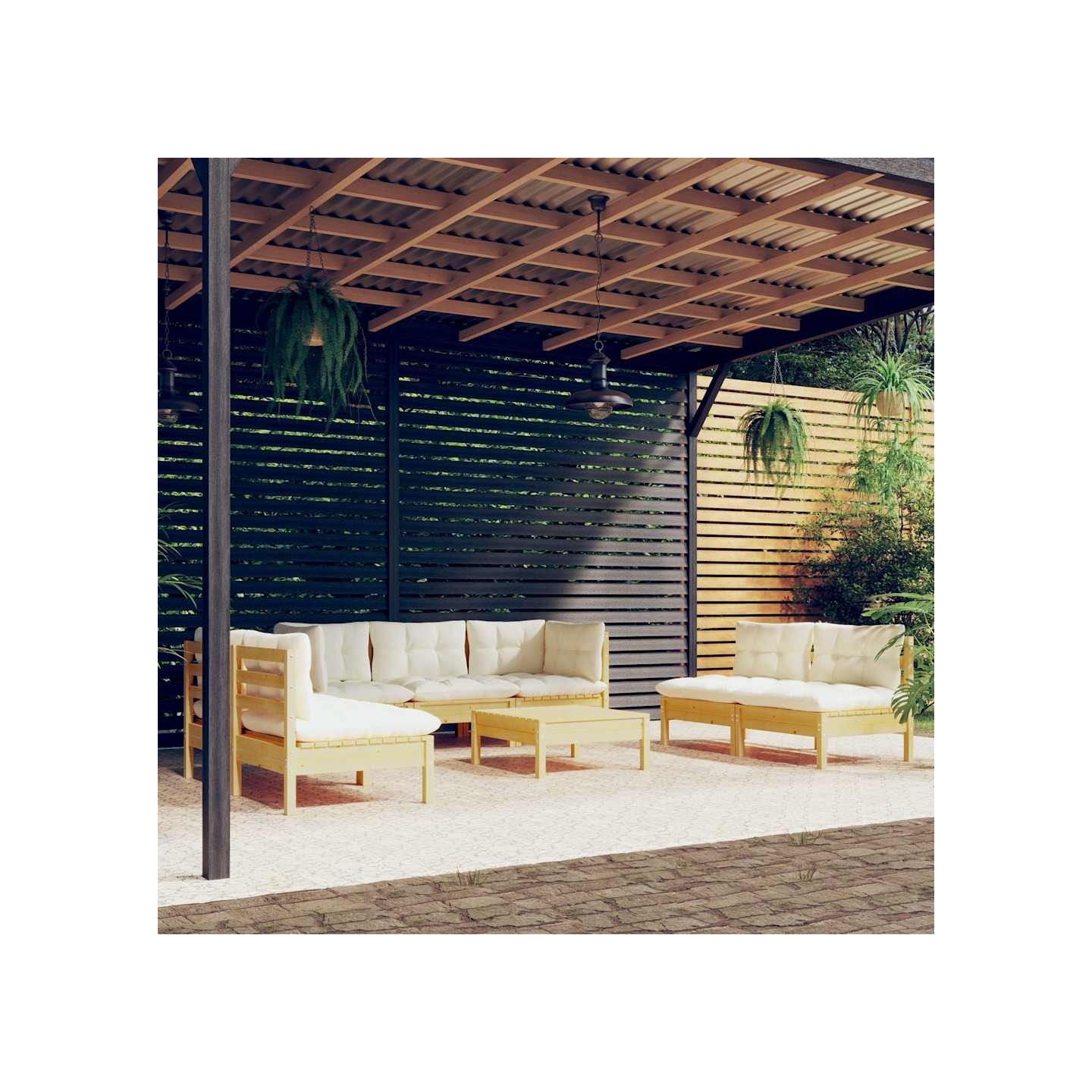 Salon de jardin 8 pcs avec coussins crème Bois de pin massif