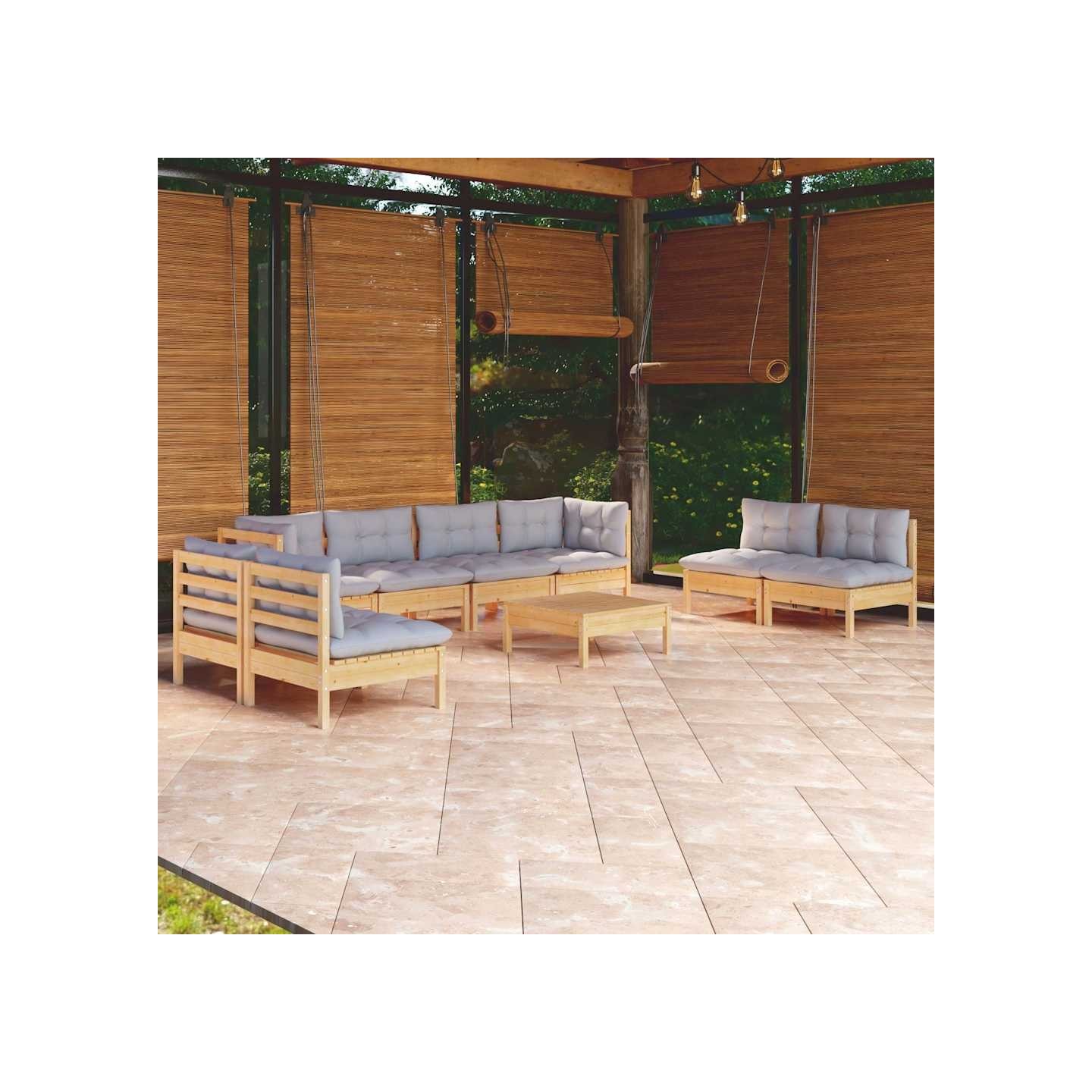 Salon de jardin 9 pcs avec coussins gris bois de pin massif