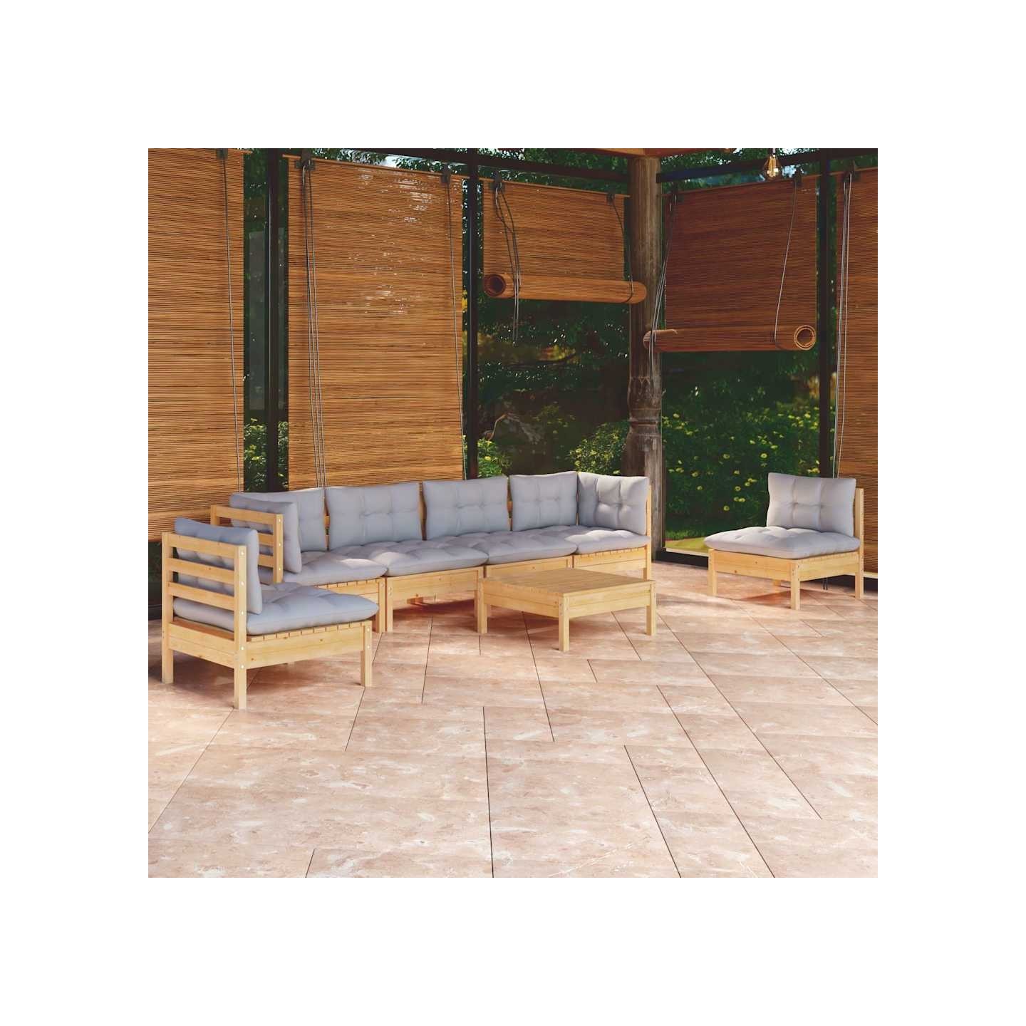 Salon de jardin 7 pcs avec coussins gris bois de pin massif