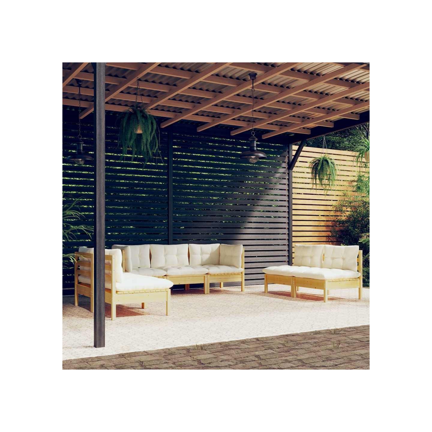 Salon de jardin 7 pcs avec coussins crème bois de pin massif