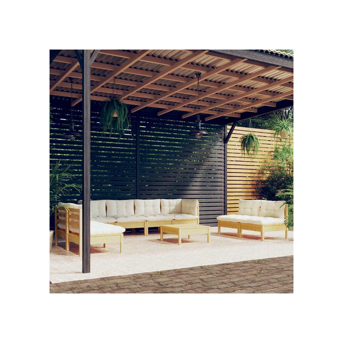 Salon de jardin 9 pcs avec coussins crème bois de pin massif